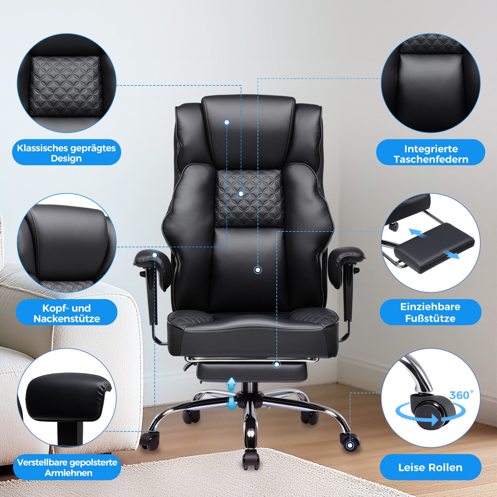 GTPLAYER Gaming-Stuhl für Große und Schwere Personen, ergonomischer Bürostuhl bis 180 kg, 3D Sitzkissen, verstellbar mit Fußstütze für Büro & Gaming