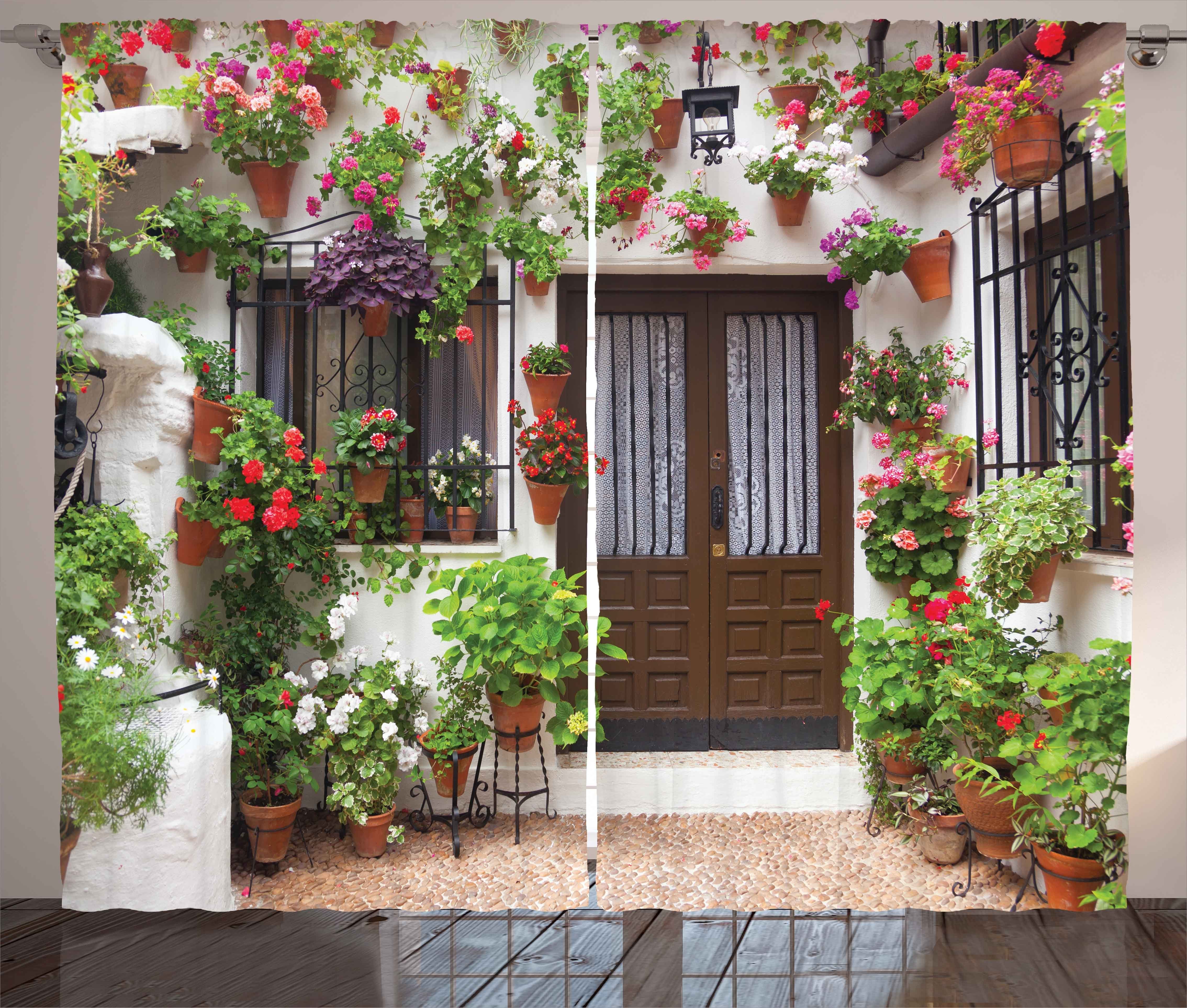 Gardine Schlafzimmer Kräuselband Vorhang mit Schlaufen und Haken, Abakuhaus, Land Blumenstrauß Töpfe