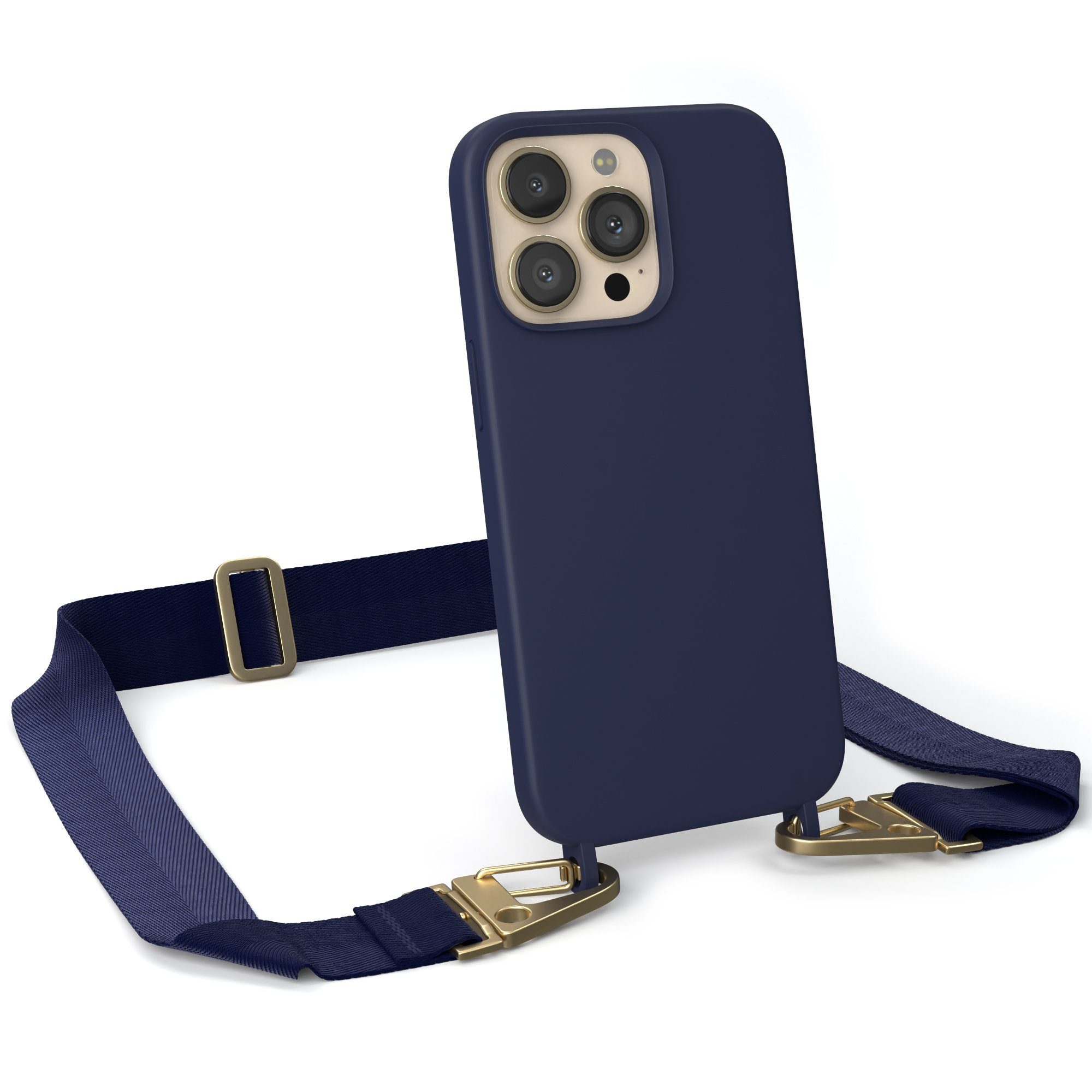 EAZY CASE Handykette Karabiner Breitband für Apple iPhone 13 Pro 6,1 Zoll, Handykette zum Umhängen Slim Phone Chain Festivalbag Smartphone Blau