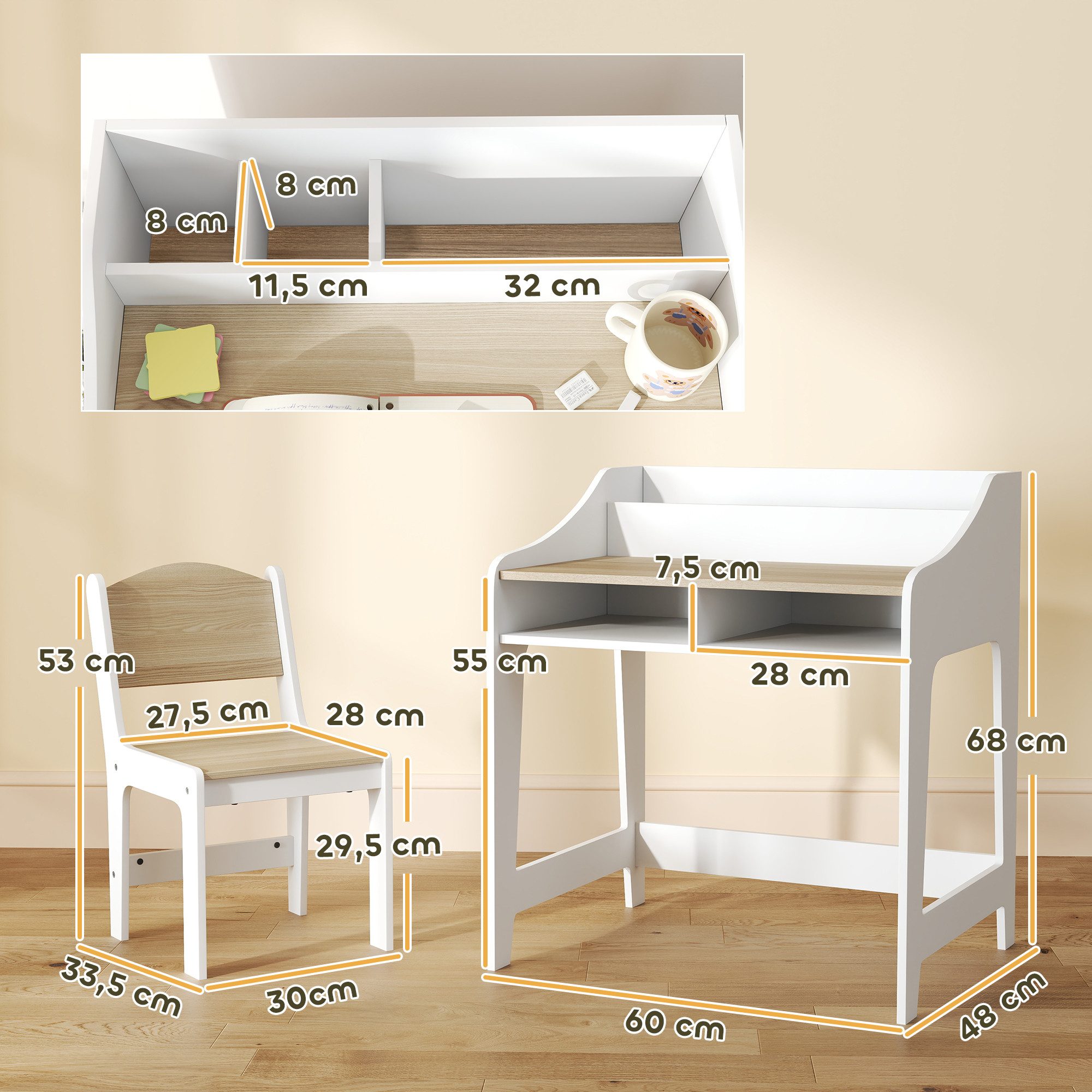 AIYAPLAY Kindertisch Kinderschreibtisch mit Tisch-Set, mit 5 Fächern, Natur (Schülerschreibtisch, 2-St., Kinder Schreibtisch und Stuhl), für Kinderzimmer, Naturholz
