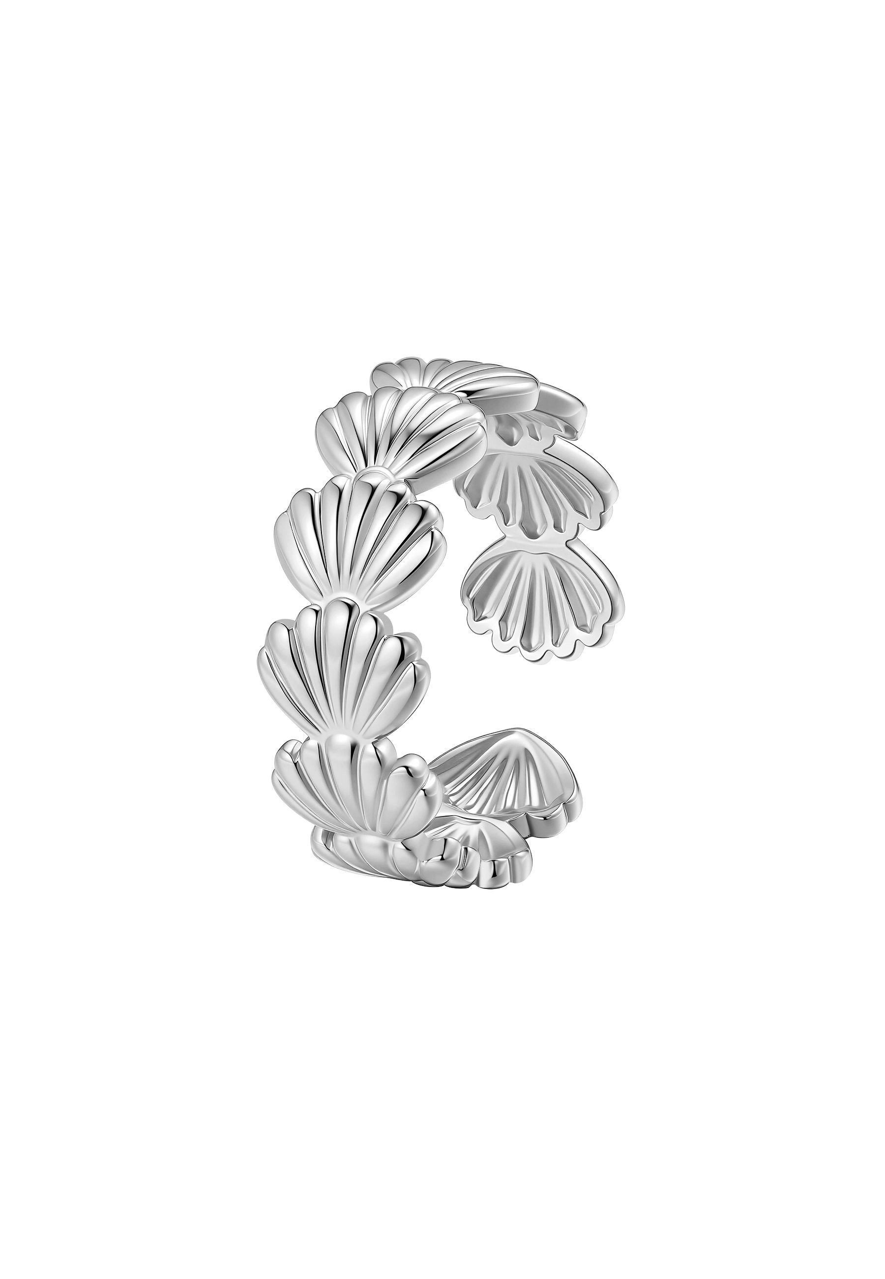 Hey Happiness Fingerring Muschel Kranz, offener Edelstahl Damenring, Verstellbarer Statement Ring mit Muschelmotiven, wasserfest für Strand