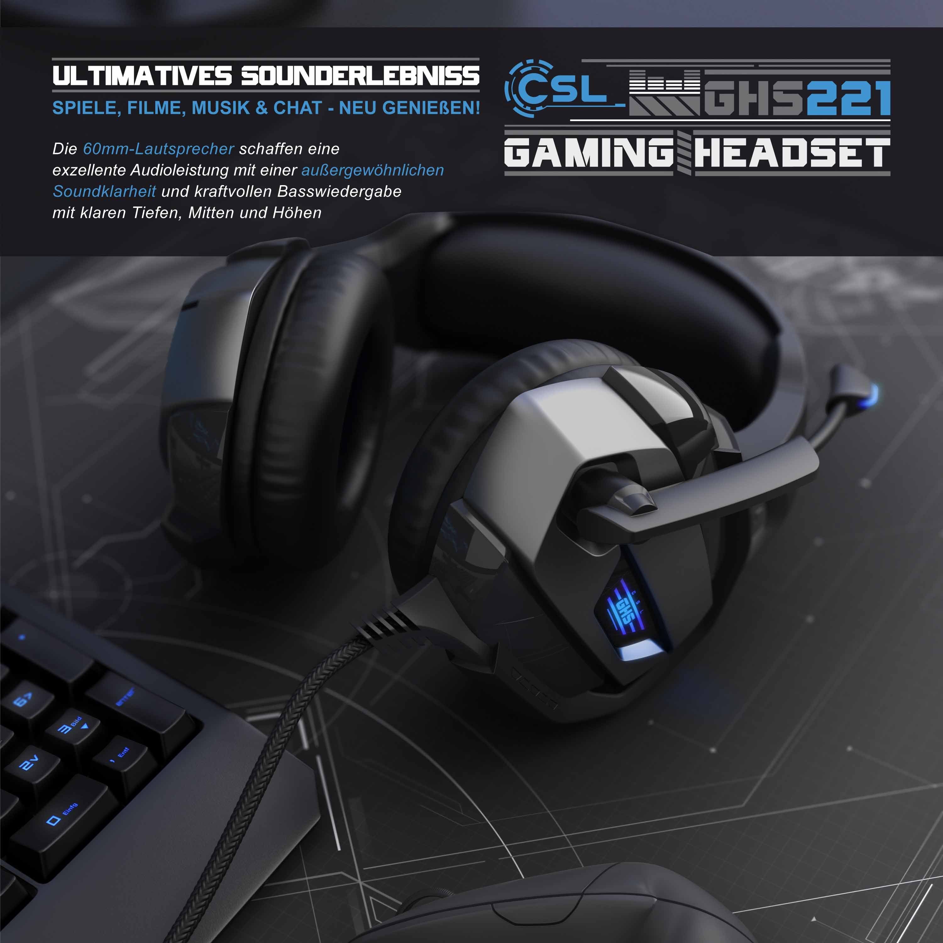 CSL Gaming-Headset Mikrofon AUX Tieftonbereich Bietet variabel (Blaue dynamische "GHS-221" Mittel- Headset Pro) PS4/ PS4 LED-Beleuchtung; Basswiedergabe, geeignet Hoch-, für Kopfbügel PC/ + Gaming und kristallklaren verstellbar