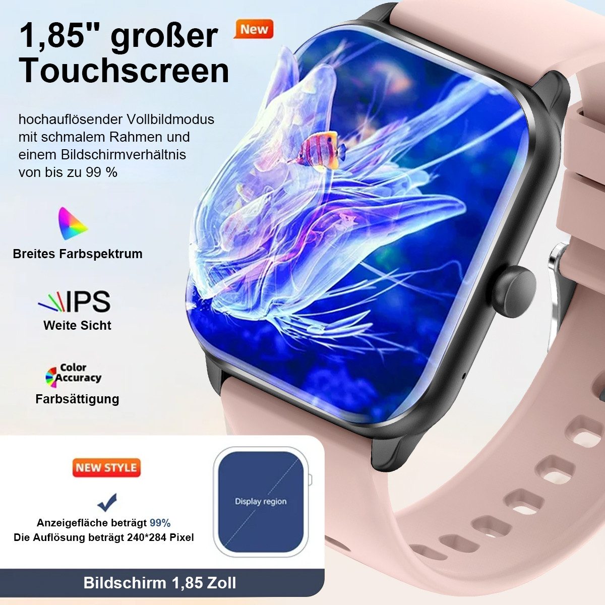 ANYSUN Smartwatch Herren Damen, mit Telefonfunktion Smartwatch (1,85 Zoll, TFT-Volltouch) 110+ Sportmodi Sportuhr mit Schrittzähler/Herzfrequenzmonitor, /Schlafmonitor, IP68 Wasserdicht Fitnessuhr für iOS Android