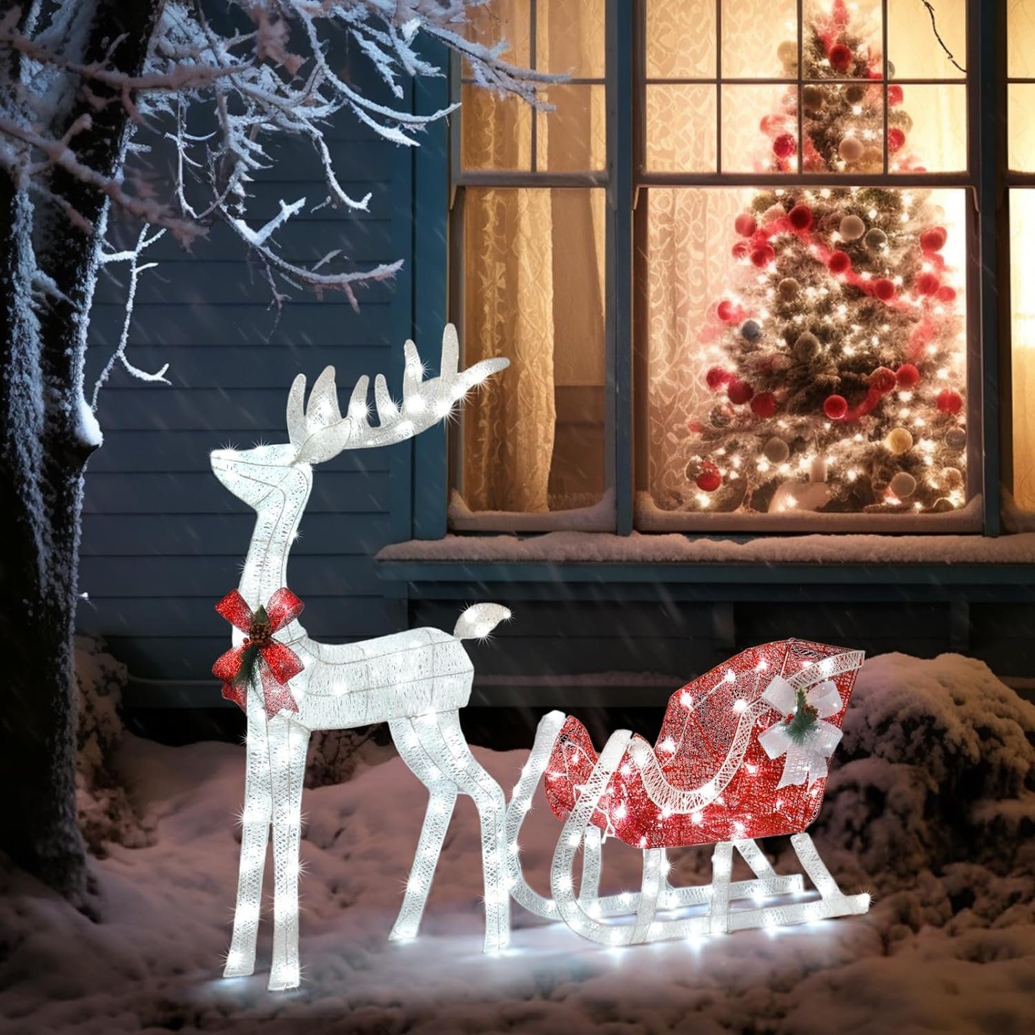Powerwill Weihnachtsfigur LED-Rentier Weihnachtsdekoration, Beleuchtetes  weihnachtliches (122cm langes Christbaumschmuck), Rentier und Schlitten  Dekorationsset für den Außenbereich