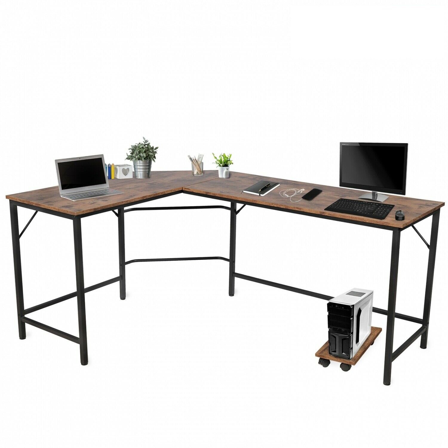 VENDOMNIA Eckschreibtisch Schreibtisch L Form - industrial Design, aus Metall (138x138 cm, mit mobiler Ablage, Schwarz Braun, Computertisch Bürotisch Arbeitstisch Home Office Büro Vintage Retro)