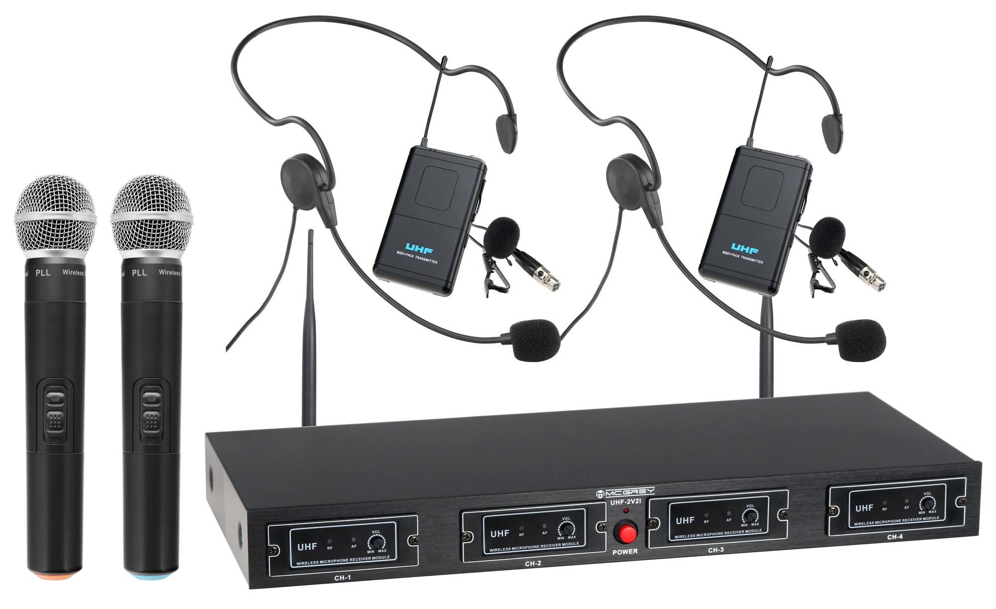 McGrey Mikrofon UHF-2V2H Quad Funkmikrofon-Set mit 2 Handmikrofonen und 2 Headsets (4-Kanal UHF-Funkmikrofon-Set, 12-tlg), Inkl. dynamisches Handmikrofon & Lavaliermikrofon
