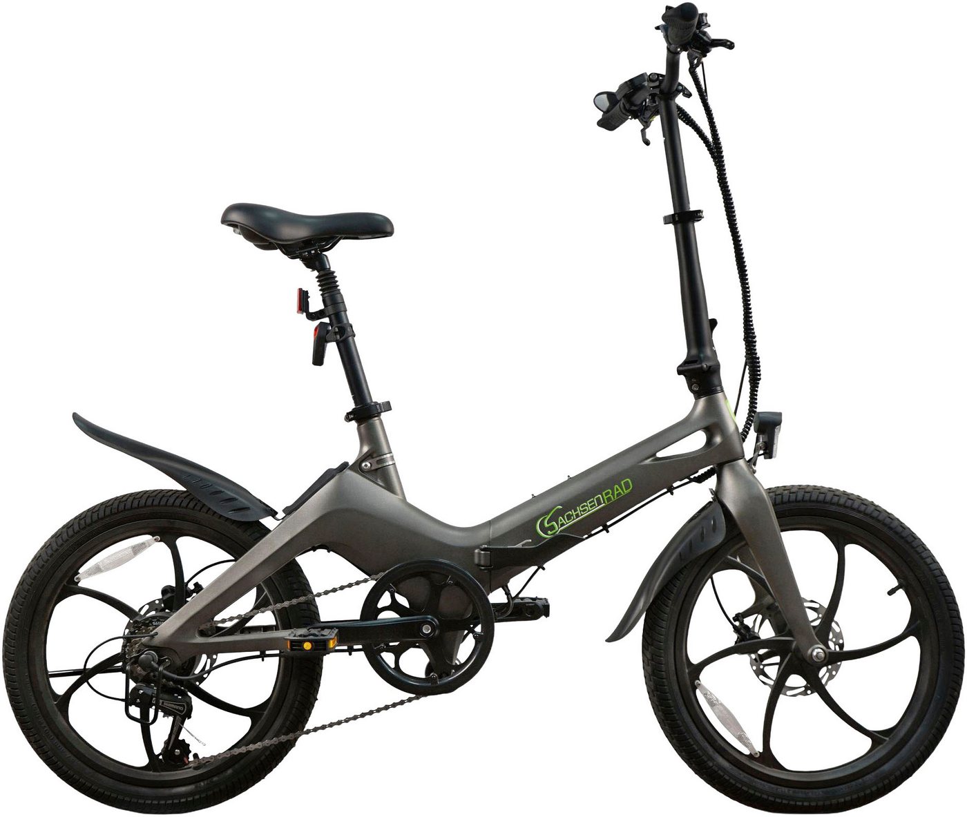 SachsenRAD E-Bike Faltrad F11 Pro MagPuma mit Transporttasche, 6 Gang Shimano, Kettenschaltung, Heckmotor, 360 Wh, mit Transporttasche, Rückspiegel, gefederte Sattelstütze