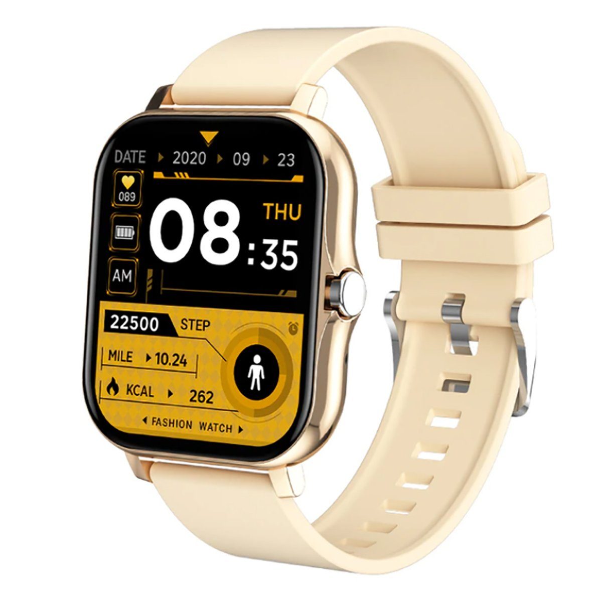 TPFNet SW04 mit Silikon Armband - individuelles Display Smartwatch (Android), Armbanduhr mit Musiksteuerung, Herzfrequenz, Schrittzähler, Kalorien, Social Media etc., Gold
