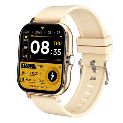 TPFNet SW04 Smartwatch (1.69 Zoll, Android), mit Silikon Armband - individuelles Display - Armbanduhr mit Musiksteuerung, Herzfrequenz, Schrittzähler, Kalorien, Social Media etc., Gold