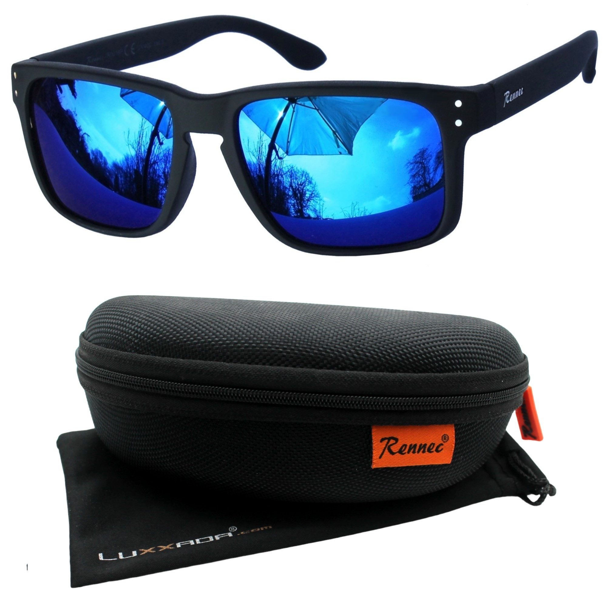 Rennec Sonnenbrille (Herren Marken Brille mit Hardcase) Blau Verspiegelt, 3 günstig online kaufen