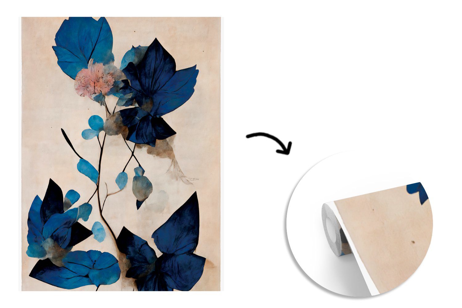Blumen, MuchoWow Blätter Matt, Montagefertig Wohnzimmer, Pflanzen Tapete Blau - für Vinyl - (4 - Fototapete St), Wandtapete bedruckt,