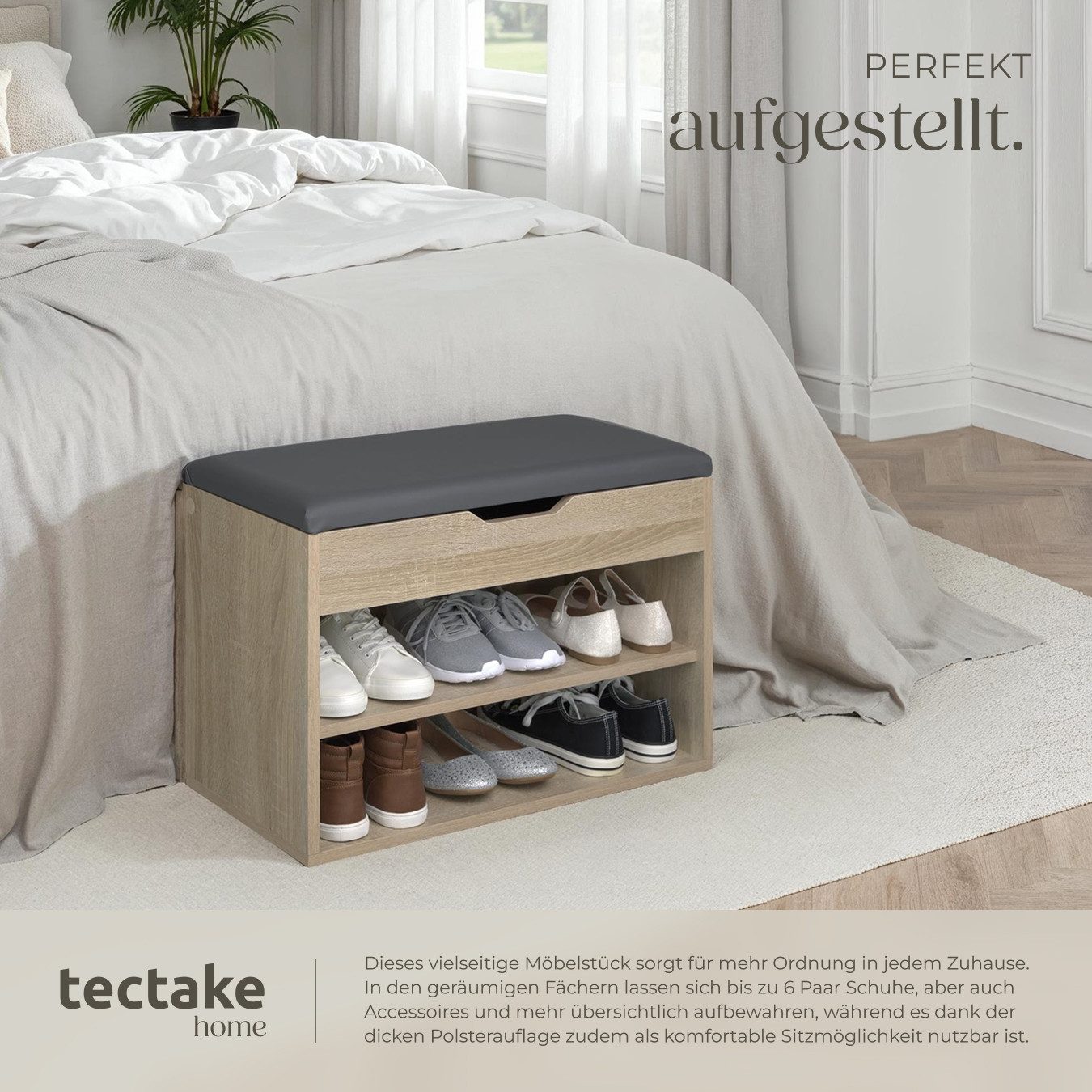 tectake Schuhschrank Schuhbank Jasmina mit Sitzpolster für 6 Paar Schuhe, 60x30x43,5cm (Komplettset, 1-St., 1-St. Holz hell, Eiche Sonoma) großes Klappfach zur  – Bild 5 von 5