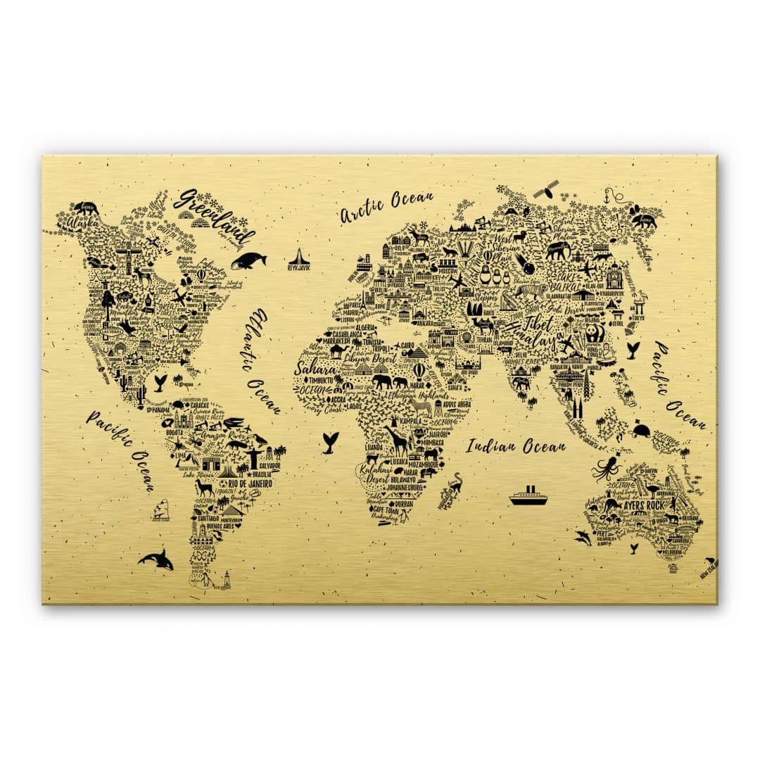 Weltkarte Art Kinderzimmer Landkarte Weltreise Alu- Metalloptik, mit K&L Schriftzug Wall Gemälde Waldtiere Ozean
