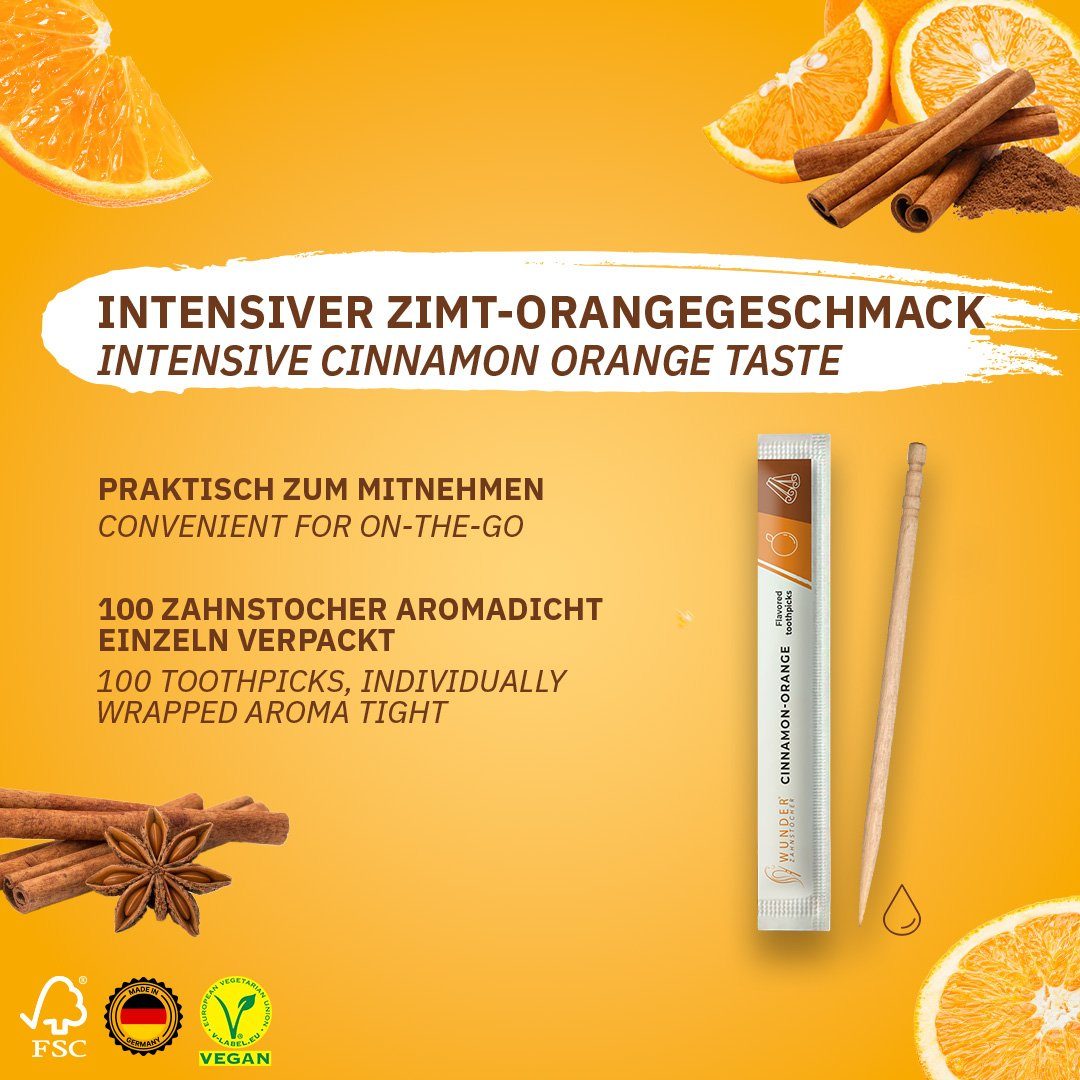 Wunder Zahnstocher Mundpflegecenter Zahnstocher mit Geschmack Zimt-Orange 100er Pack einzeln verpackt, frischer Atem - Alternative zu Kaugummi - zuckerfrei & kalorienfrei