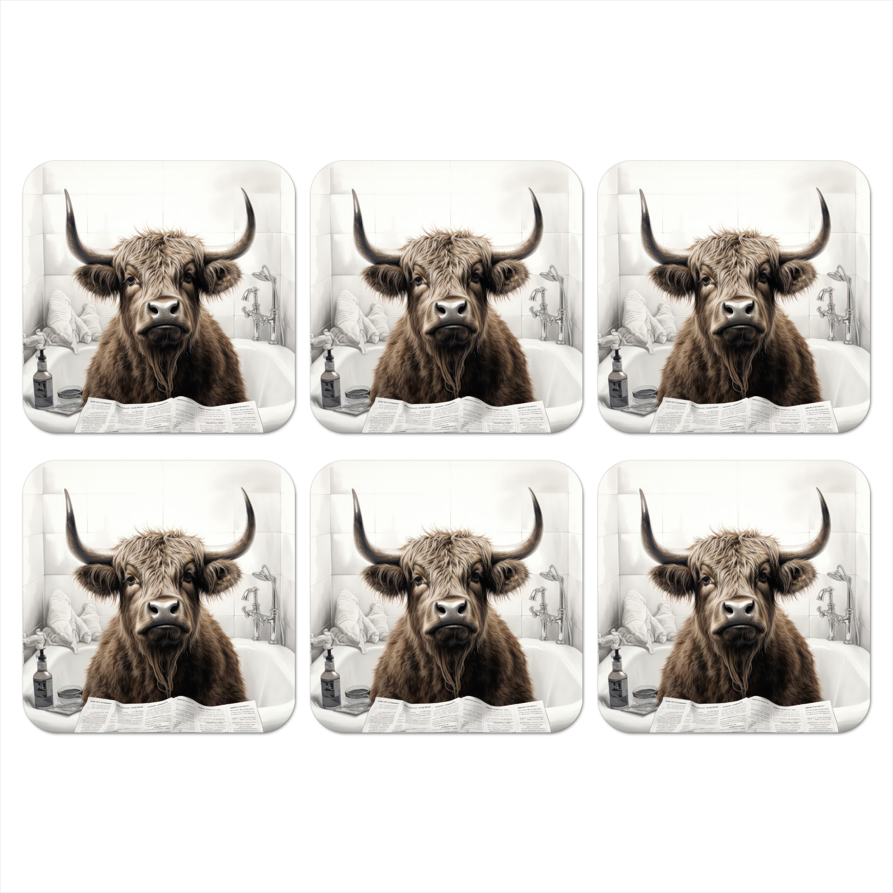 MuchoWow Glasuntersetzer Schottischer Highlander - Badewanne - Badezimmer - Zeitung, Zubehör für Gläser, 6-tlg., Tassenuntersetzer Kork, Quadrat, Подставки Set Gläser, 10x10 cm