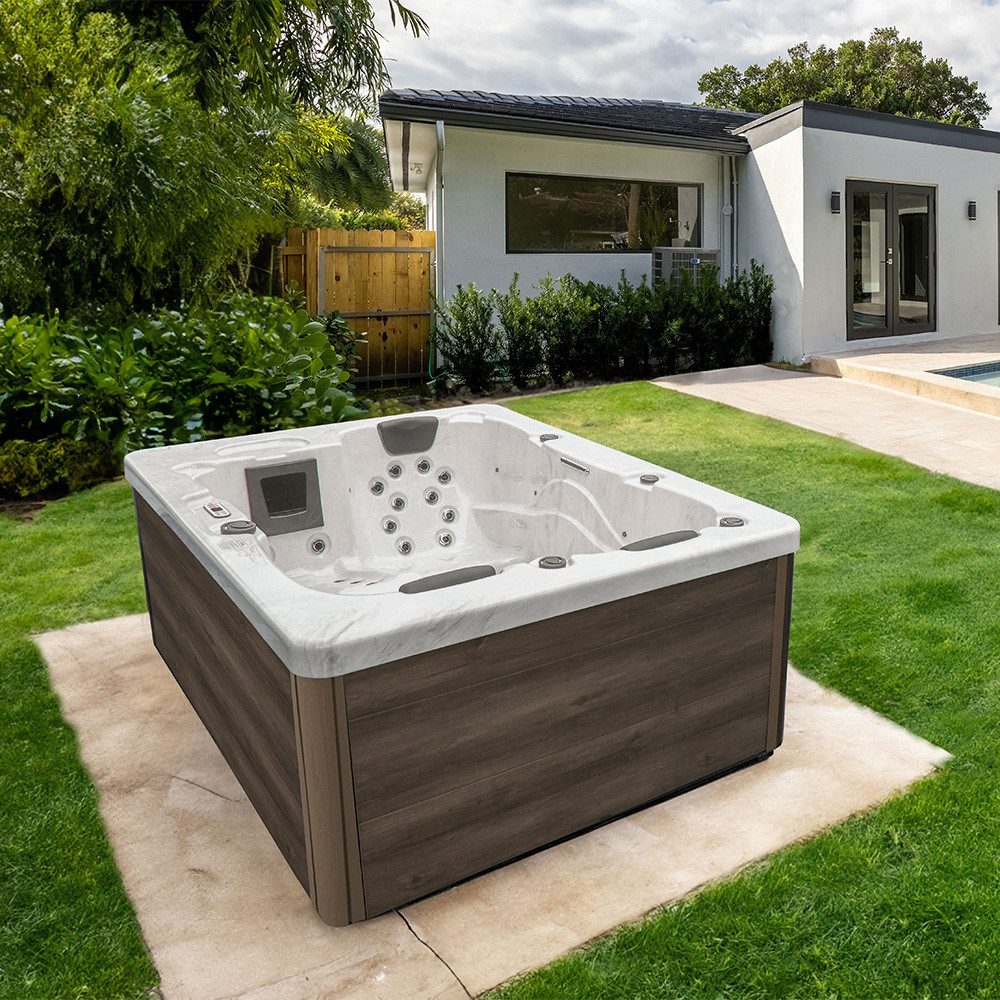 HOME DELUXE Whirlpool WHITE MARBLE - Nussbraun 210 x 160 x 80 cm, (1-tlg), 27 Massagedüsen, inkl. Heizung, Lichttherapie, Outdoor Whirlpool