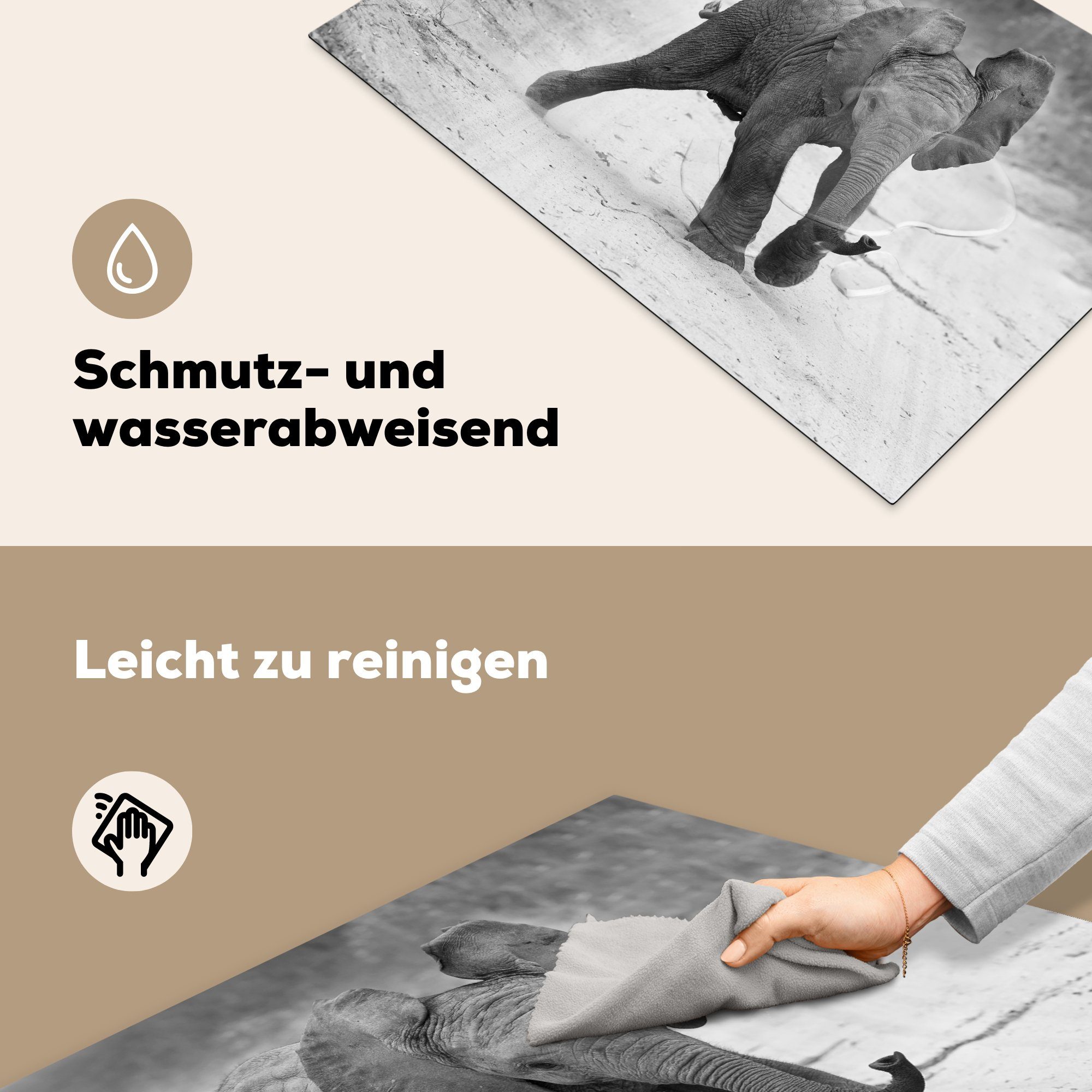 Elefant Schutz 81x52 - küche, Baby Herdblende-/Abdeckplatte tlg), Kröte MuchoWow Induktionskochfeld - Tiere Schwarz cm, Vinyl, die für und weiß, - (1 - Ceranfeldabdeckung