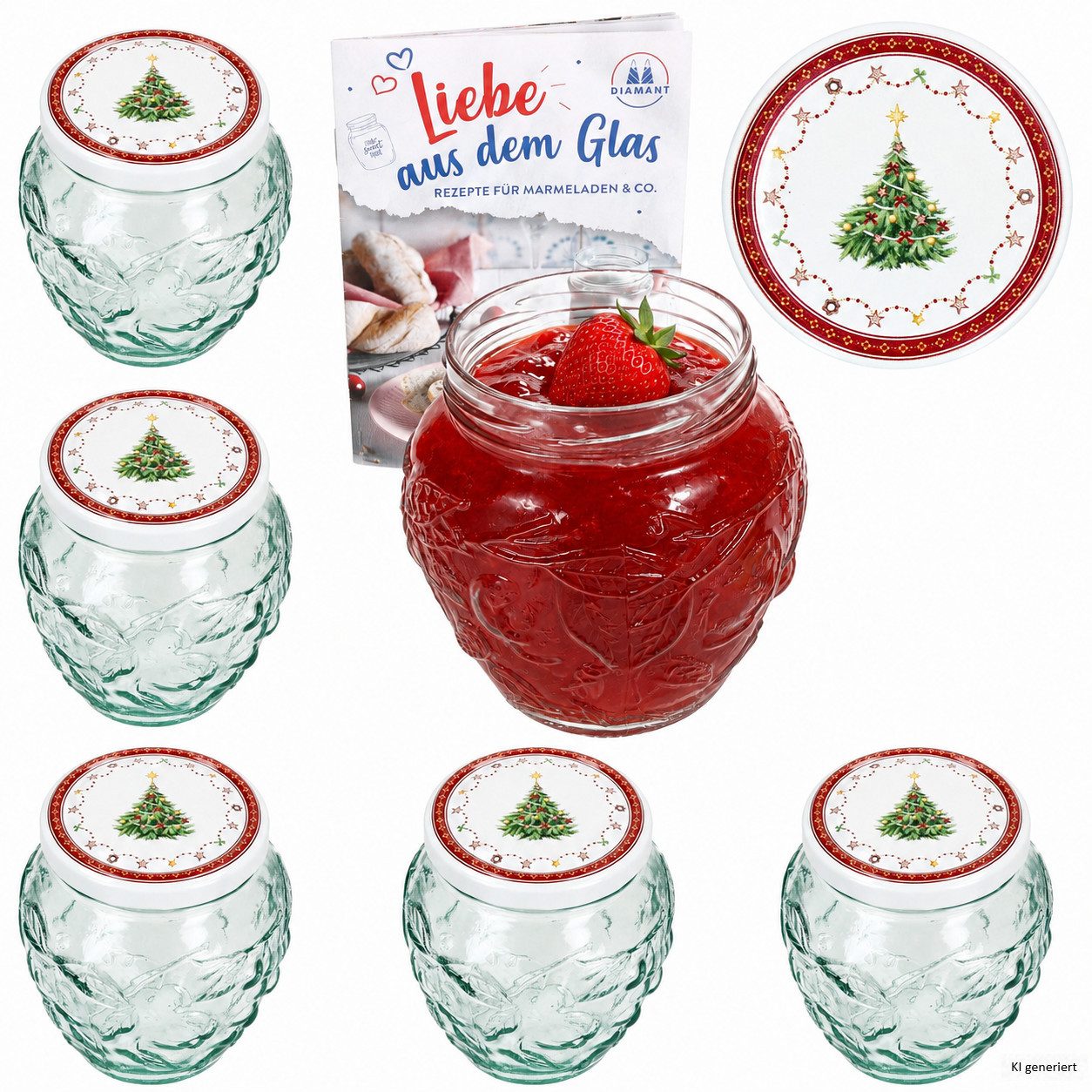 MamboCat Einmachglas 6er Set Frutta Vaso Marmeladenglas 580ml Weihnachtstraum Deckel Heft, Glas