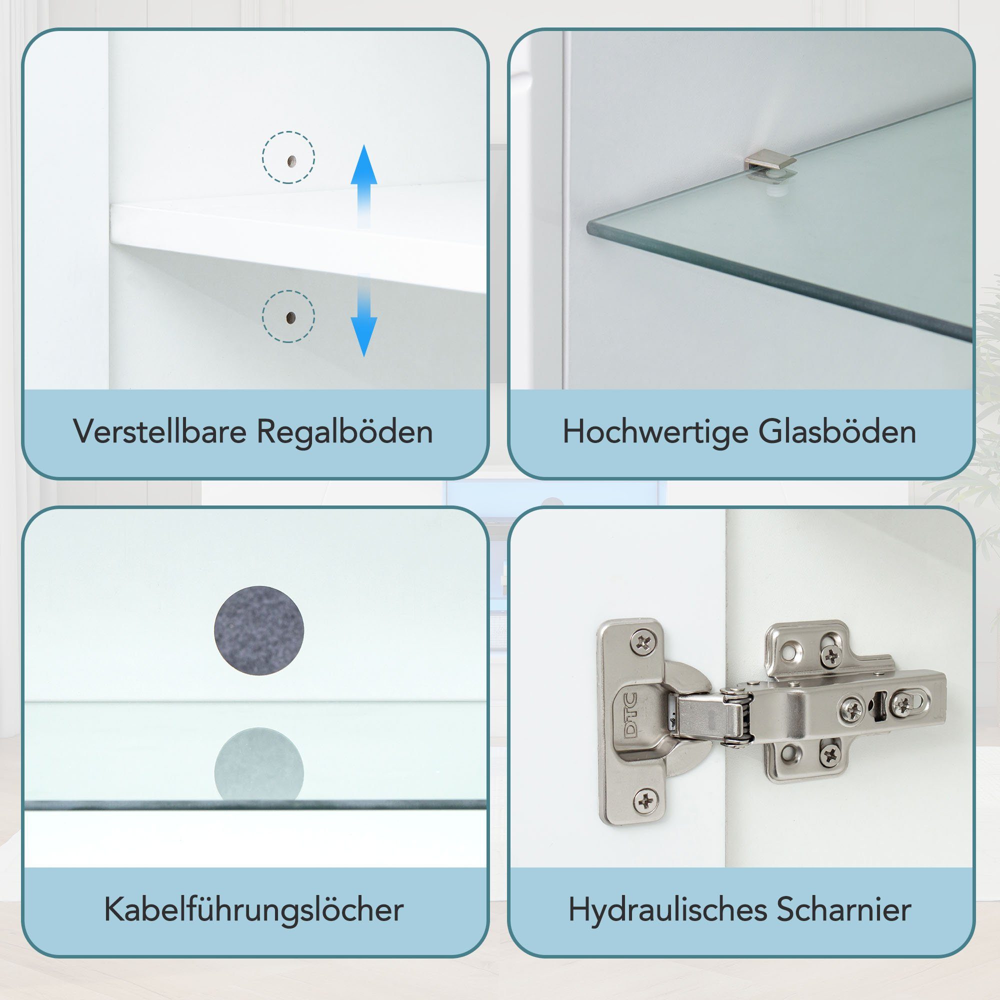 Merax TV-Schrank mit verstellbaren Einlegeböden mit LED-Beleuchtung, Lowboard mit Glasablagen,Breite: 160cm