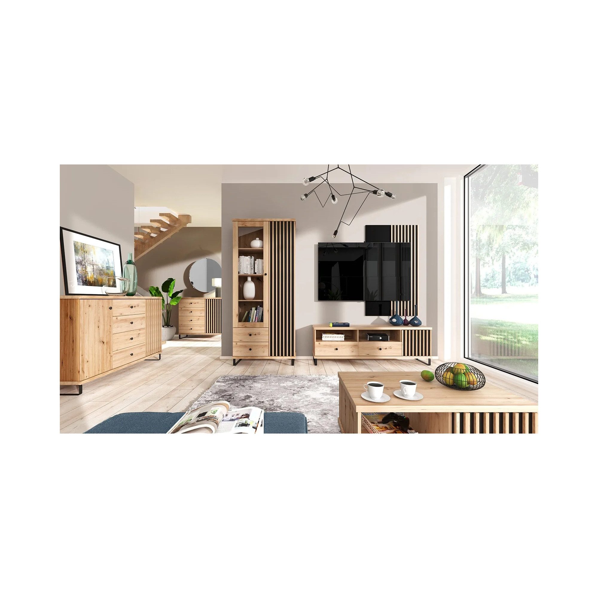 Raumhirsch Furniture Kommode Sideboard, Schrank, Wohnschrank, Anrichte (Maße: 122,6 x 82 x 85,4 cm (Eckkommode, Einlegeböden), Lamellenfront, Artisan-Eiche, Loft-Design, Industrial-Stil