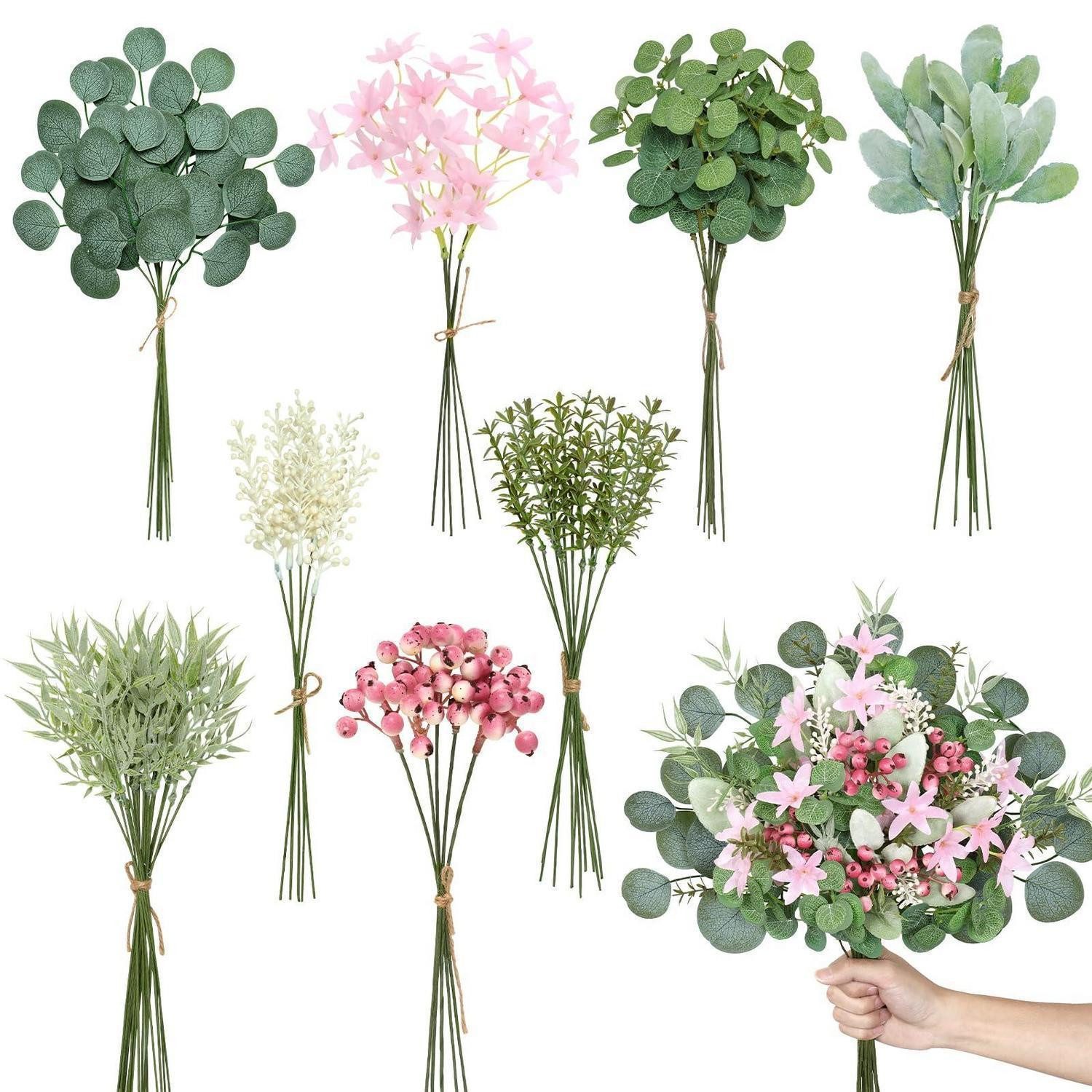Kunstblumenstrauß 75stk Eukalyptus Deko Kunstblumen Rosa Gruen, LuxusKollektion