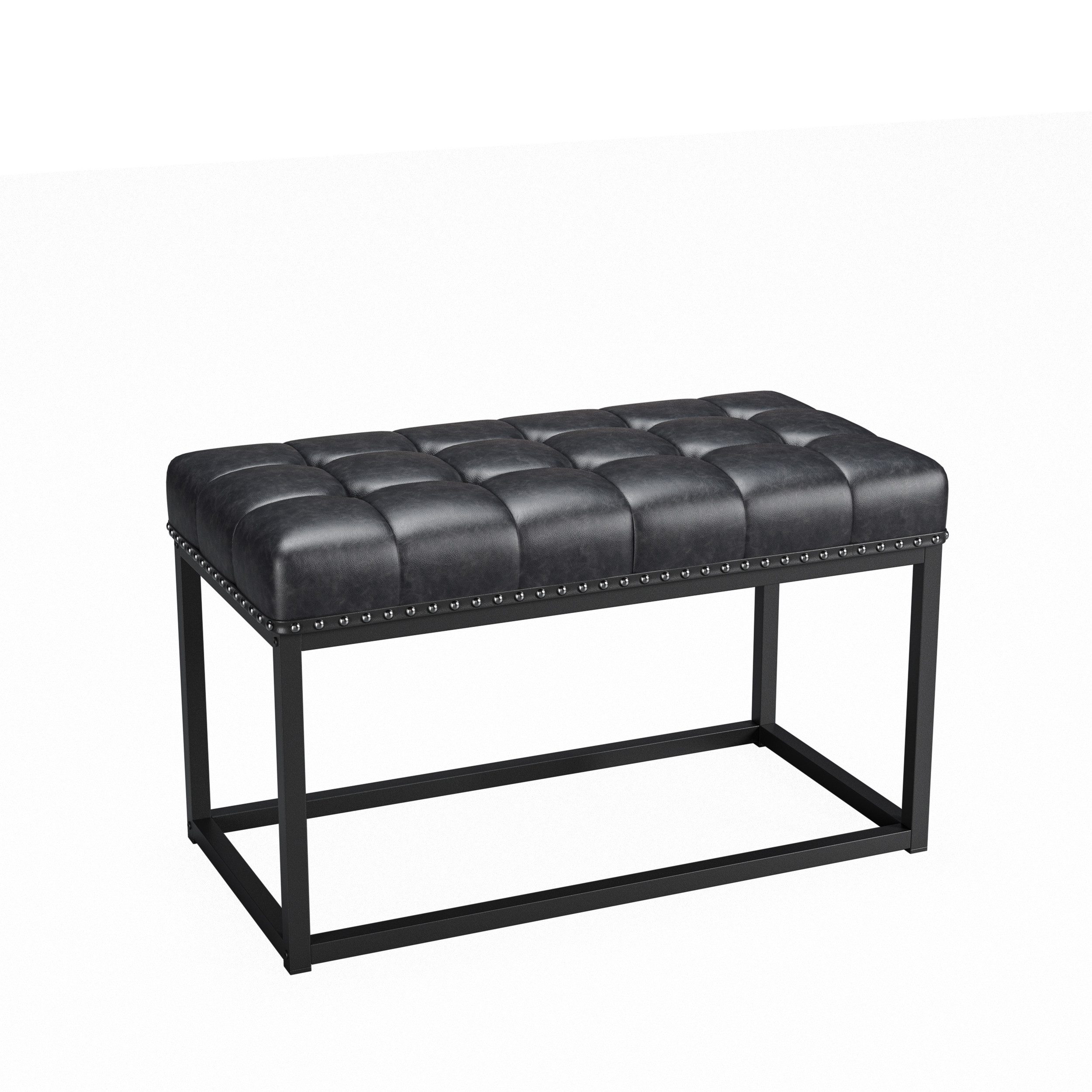 MODFU Polsterbank Gepolsterte Bank 91 cm, Industrieller Metallrahmen, Knopfheftung (schwarzes Kunstleder, 1-St., stabiler Sitz für Flur, Schlafzimmer & Wohnzimmer), Vintage, Vielseitig als Essbank, Fußbank oder Ablage am Bettende