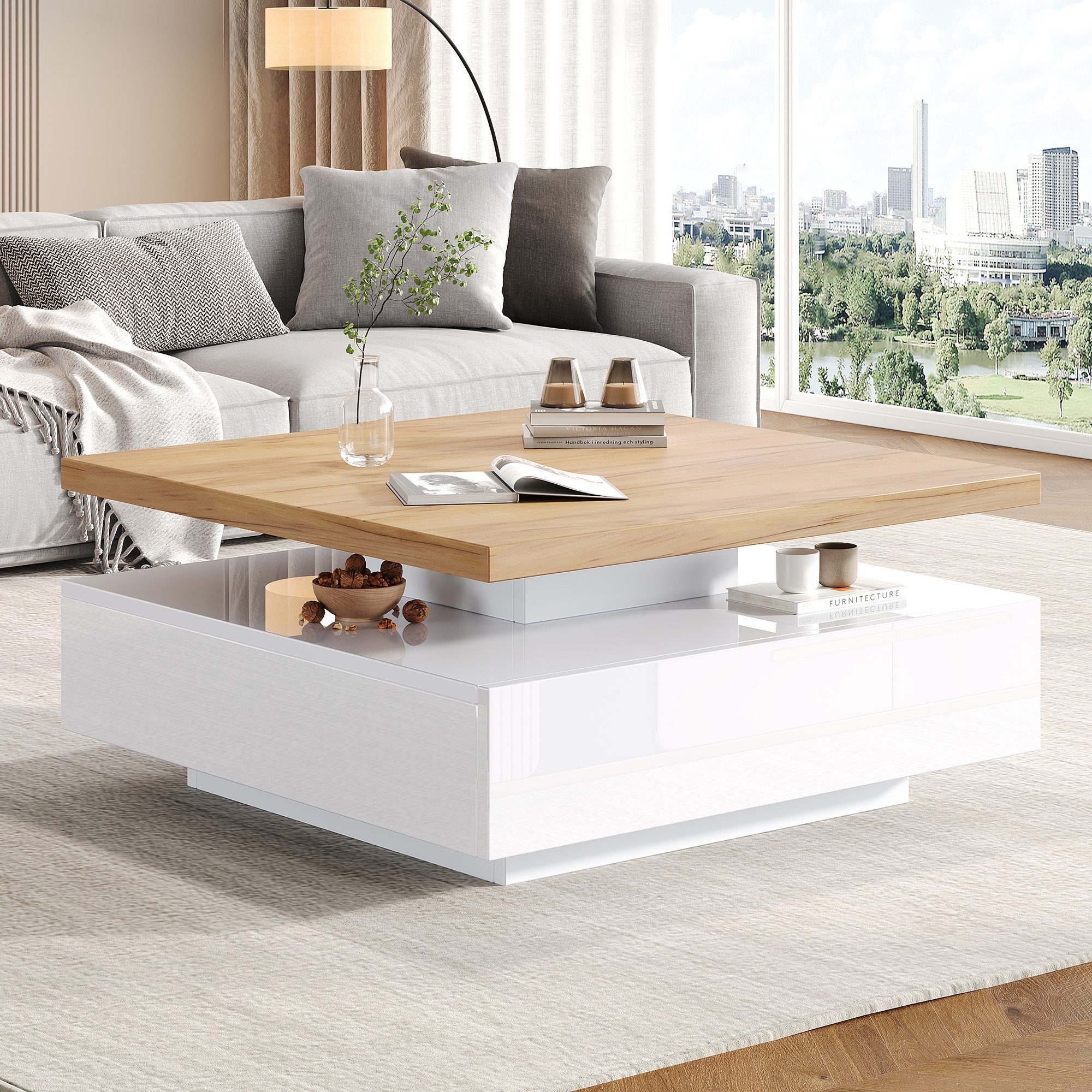 Merax Couchtisch mit versteckten Schubladen und 360° schwenkbarer Arbeitsfläche (Wohnzimmer, Kaffeetisch, 70x70x36cm), hochglänzend Beistelltisch mit geometrisc – Bild 2 von 5