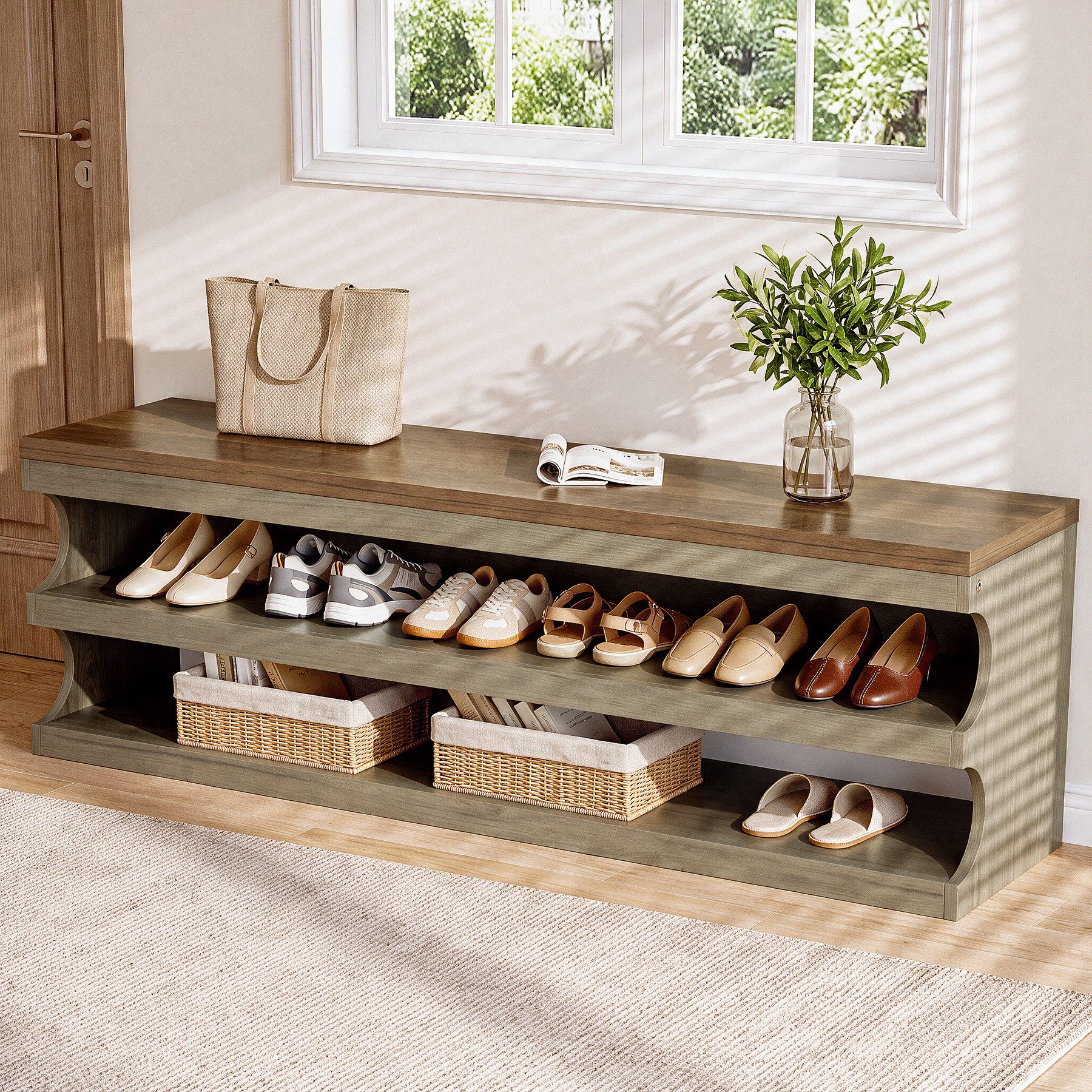 Tribesigns Schuhbank 140 cm Sitzbänke mit 3 Ebenen, Eingangsbank im Landhausstil (Bettfuß mit Stauraum für Eingangsbereich, Flur, Wohnzimmer) – Bild 3 von 5