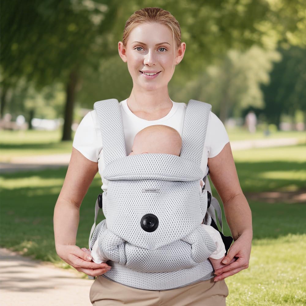 bonoch Babytrage EaseFit ergonomische Babytrage Grau Baumwolle 4–24 Monate Hüfttrage (Babytrage mit Zubehör-Set (3 Lätzchen), Babytrage mit 3 Lätzchen und verstellbarem Hüftgurt), aus atmungsaktiver Baumwolle EaseFit-System ergonomische M-Position.