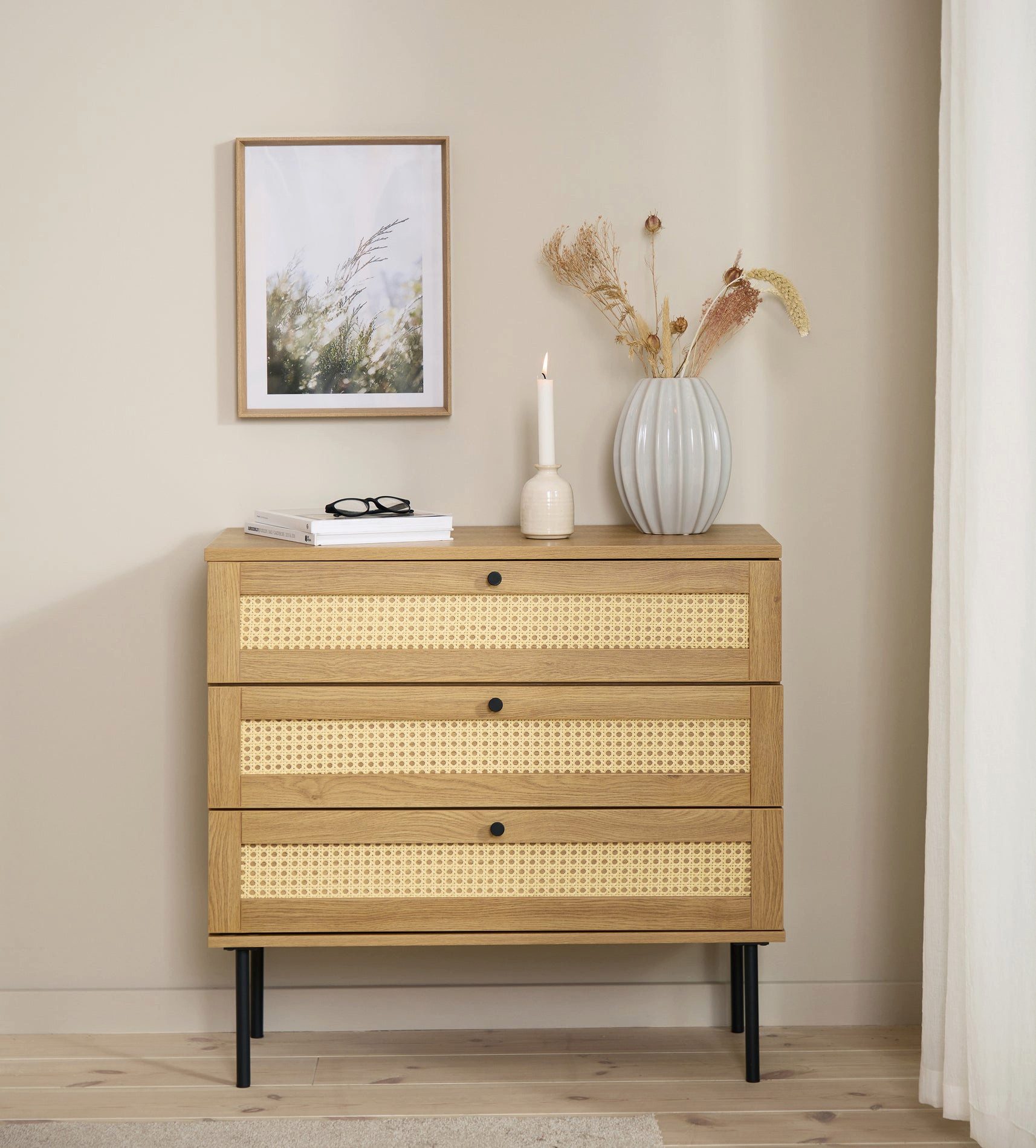 Selsey Kommode MOGEST, Kommode mit 3 Schubladen, Technorattan-Geflecht, Farbe Beige
