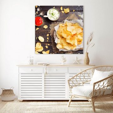 Primedeco Glasbild Wandbild Quadratisch Chips und Ketchup mit Aufhängung, Speisen