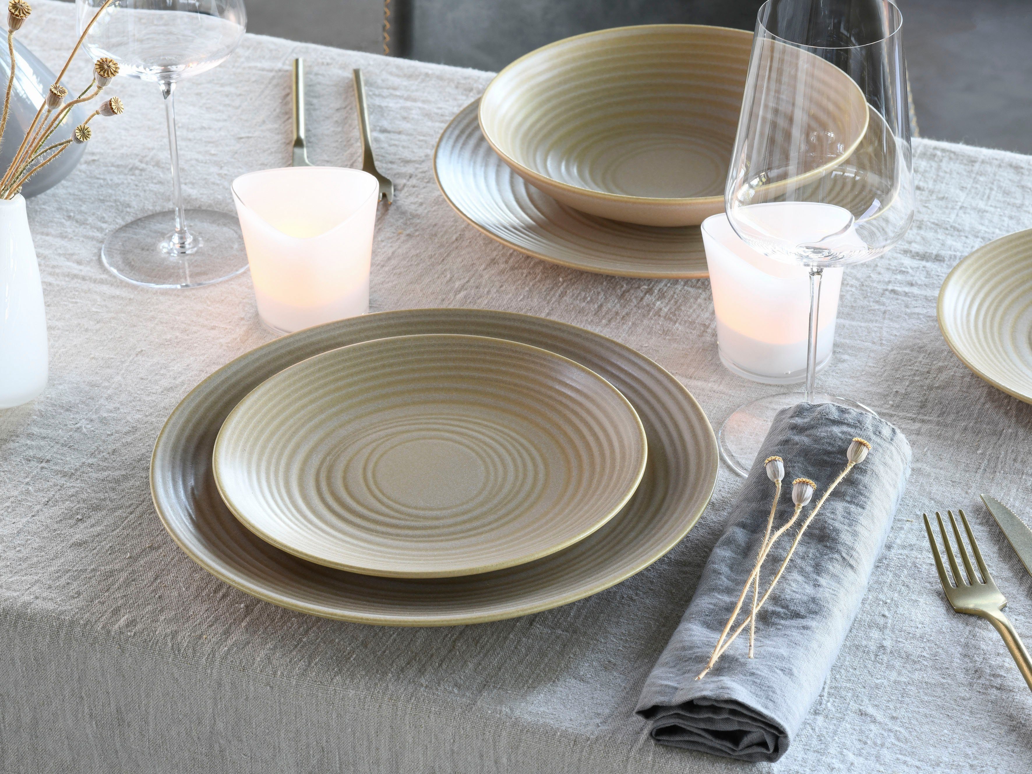 CreaTable Tafelservice Lava Stone Sand (12-tlg), 4 Personen, Steinzeug, Teller Set, robuste, kratzfeste, seidenmatte Glasur