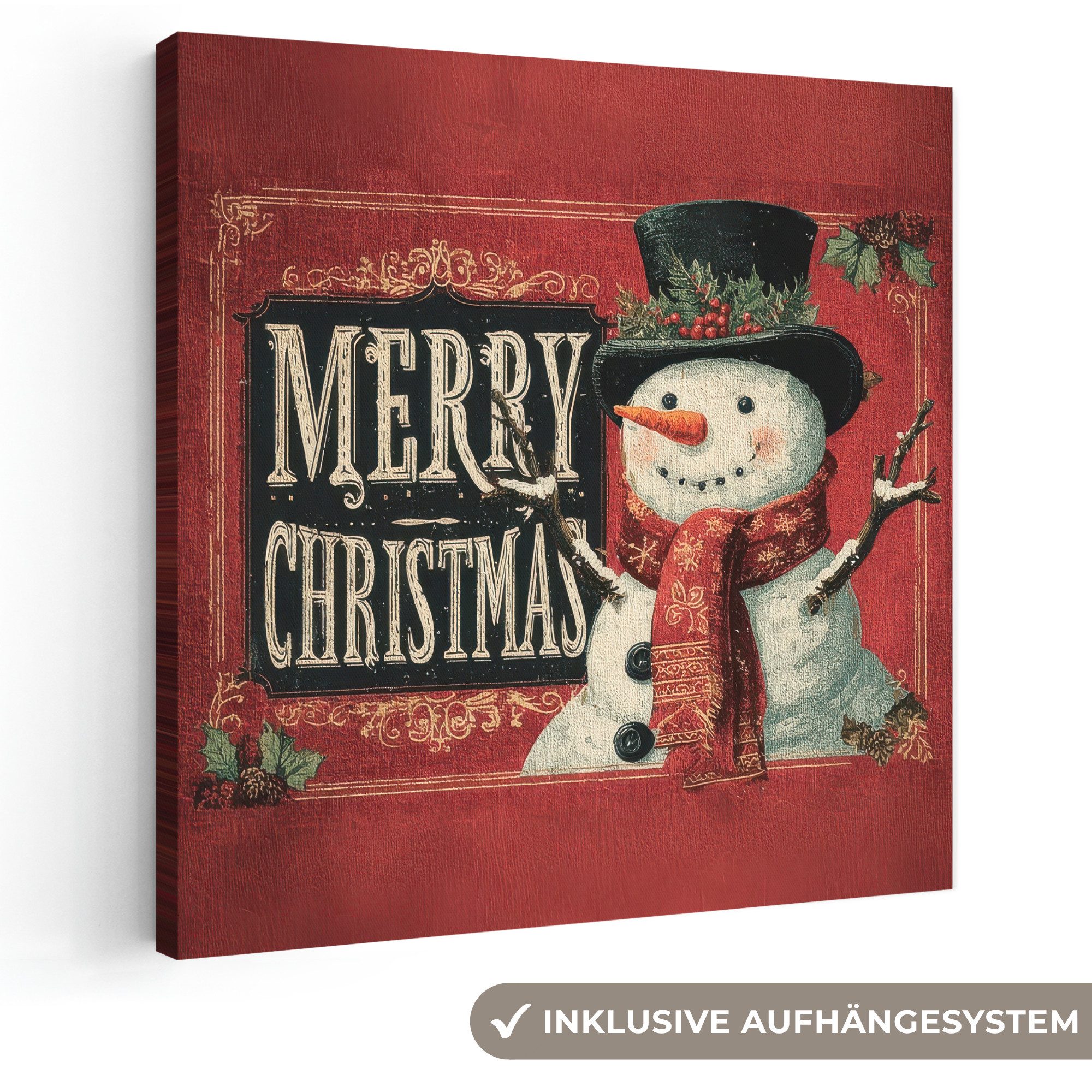 OneMillionCanvasses® Leinwandbild Klassisch - Weihnachtsgruß - Schneemann - Rot, Fotodruck (1 St), Wandbild, Deko Schlafzimmer Wohnzimmer Flur 20x20 cm