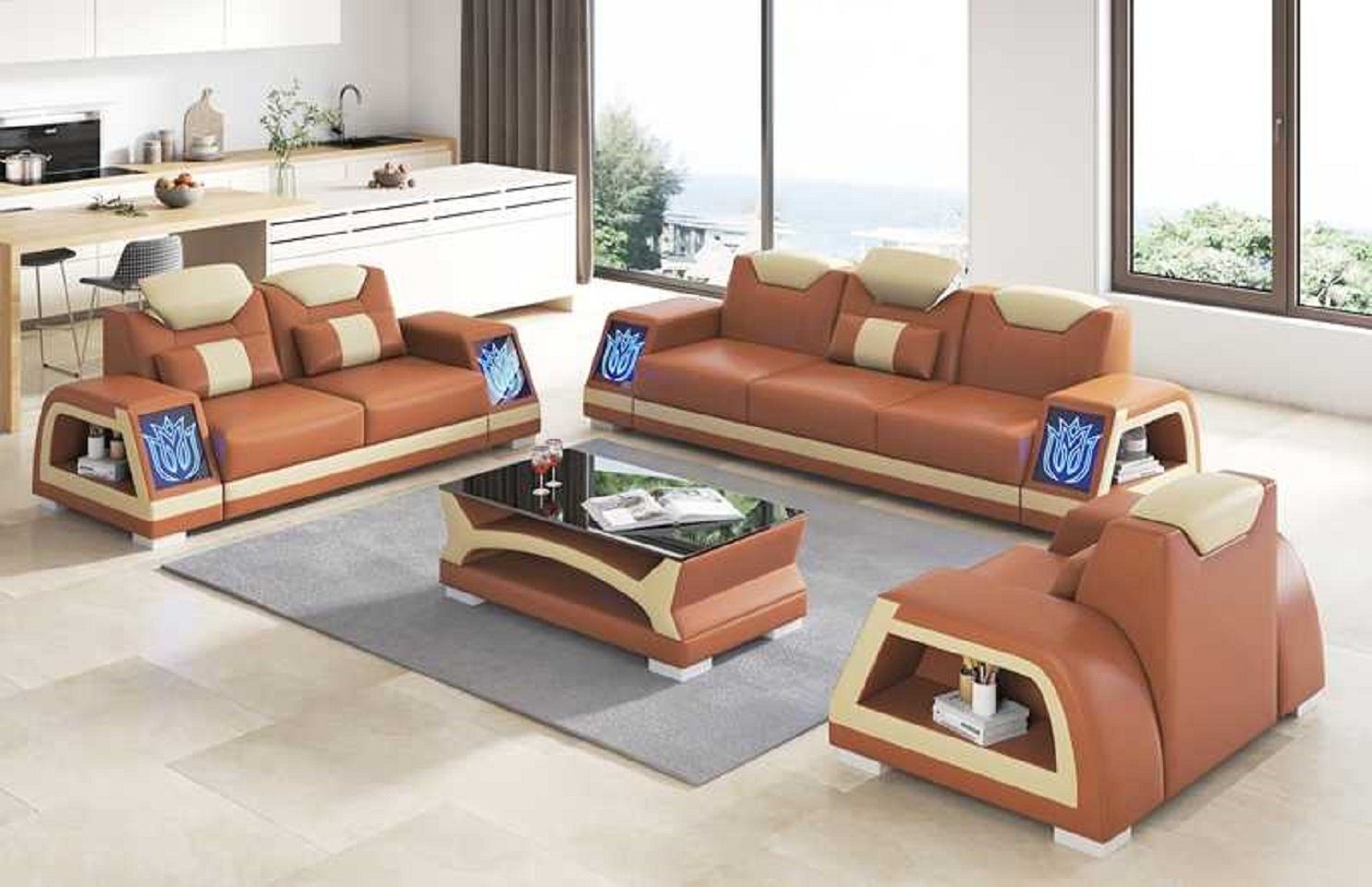 JVmoebel Wohnzimmer-Set Komplette Couchgarnitur Sofagarnitur Sofa 3tlg Sofas Braun, (3-St., Nur Sofa 2+3 Sitzer + Sessel), Made in Europe | Wohnwände