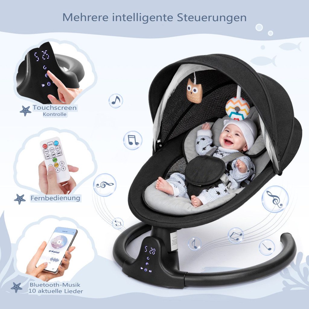 Insma Babywippe elektrisch Babyschaukel 5 Gang Schaukelstuhl Baby bluetooth, 3 Timer (1-tlg), mit bluetooth-Musik, abnehmbarem Kissen, Spielzeug, Batteriekompatibel