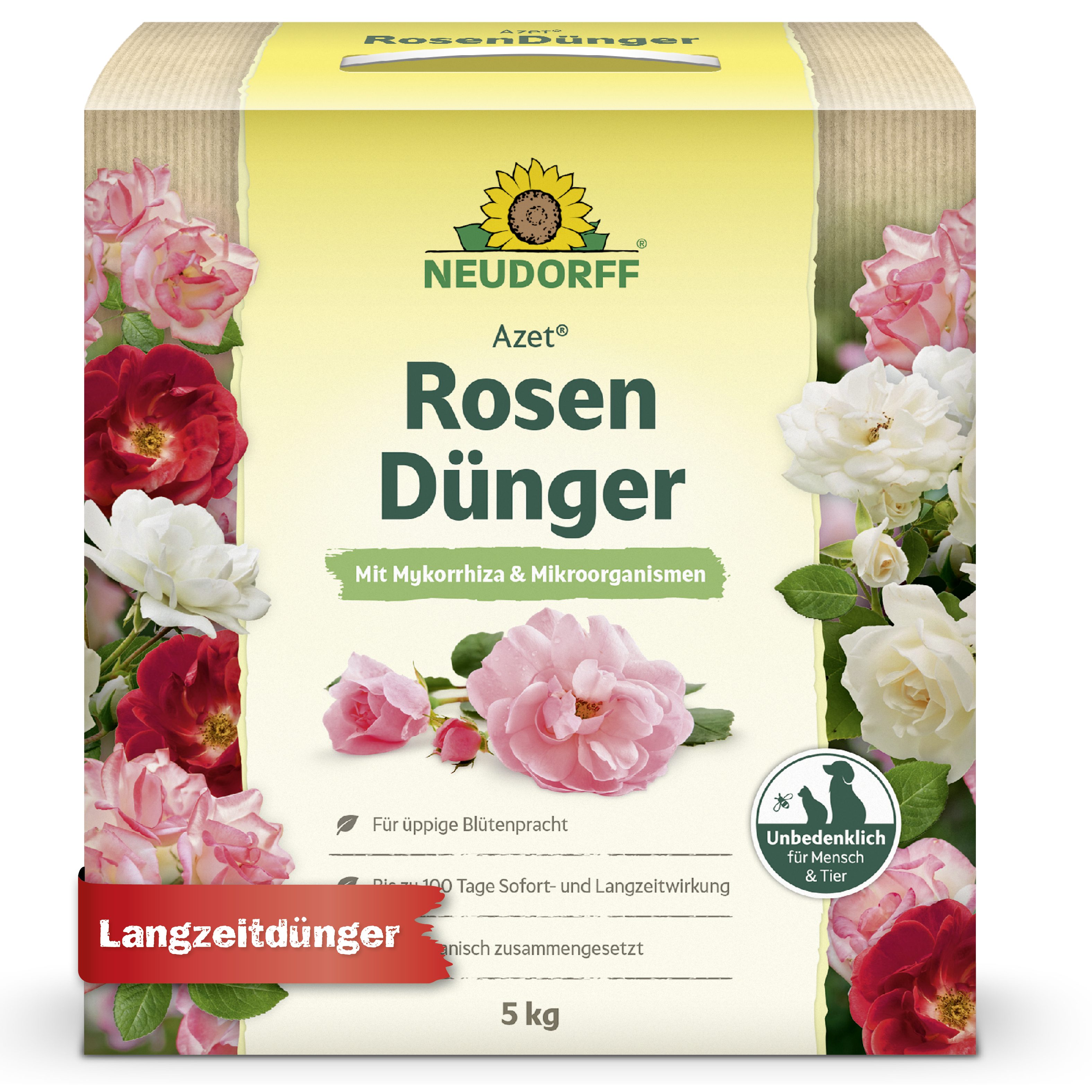 Neudorff Blumendünger Azet RosenDünger 5 kg, Granulat gleichmäßig verteilen, leicht einarbeiten und anschließend gründlich wässern., für langanhaltend farbenfrohe Rosen, Stauden und Blütenpflanzen, aus natürlichen Rohstoffen