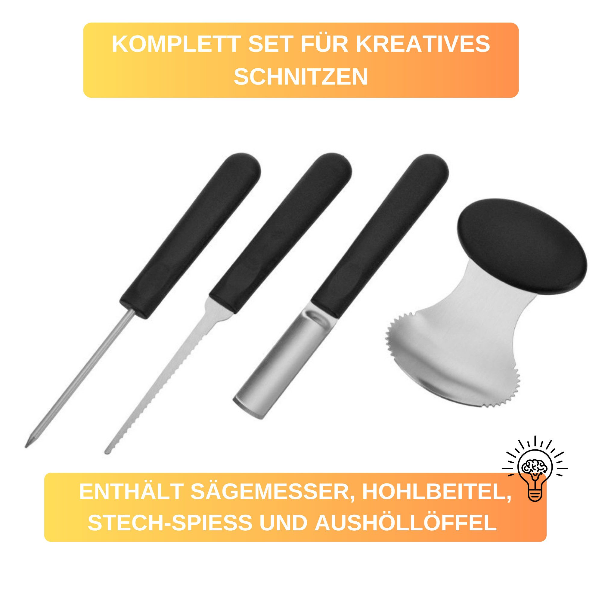 Thiru Tranchiermesser Kürbis Schnitz-Set - Halloween 4-tlg. - Edelstahl - inkl. Vorlagen – Bild 5 von 5