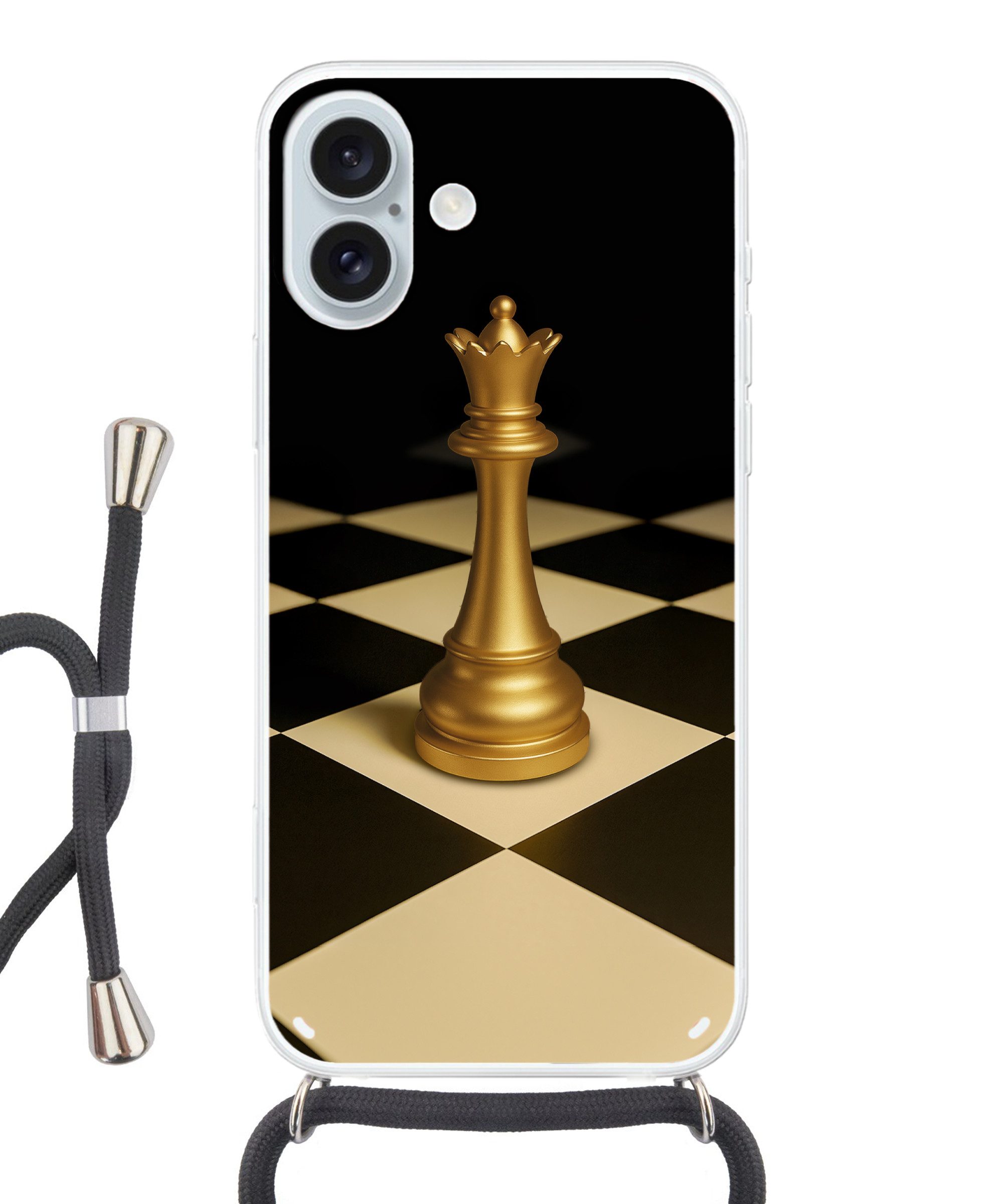 MuchoWow Handyhülle für Apple iPhone 16 Plus Dame - Schachfigur - Blockiert - Gold, Tragbare Handyhüllen mit Kette zum umhängen, Handykette Handyband