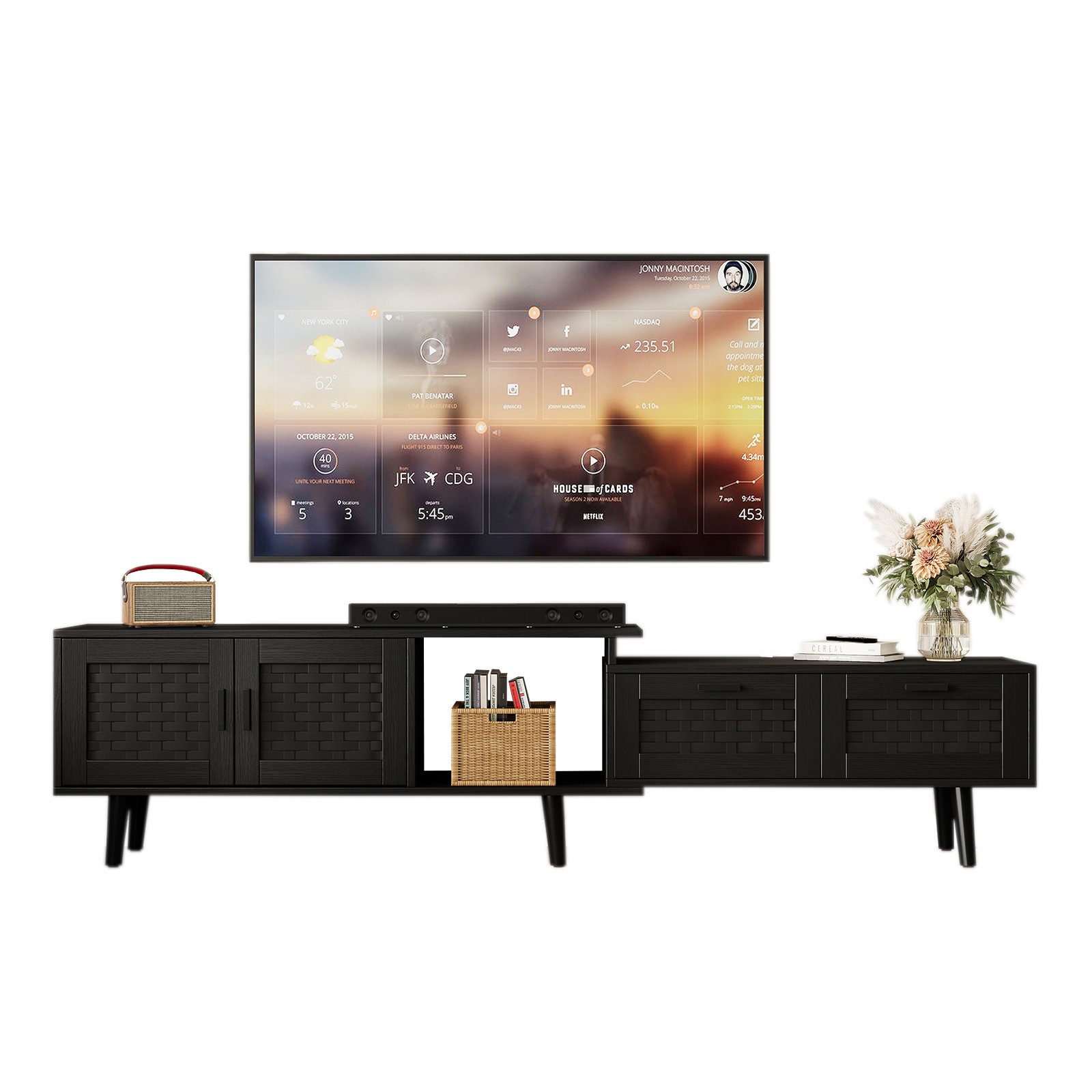 FUROKOY TV-Schrank (Packung, 1-St., Rattan-TV-Ständer mit 2 Türen und 2 Schublade, für 75-Zoll-Fernseher) Skalierbar Fernsehschrank für Schlafzimmer, Wohnzimmer, Schwarz