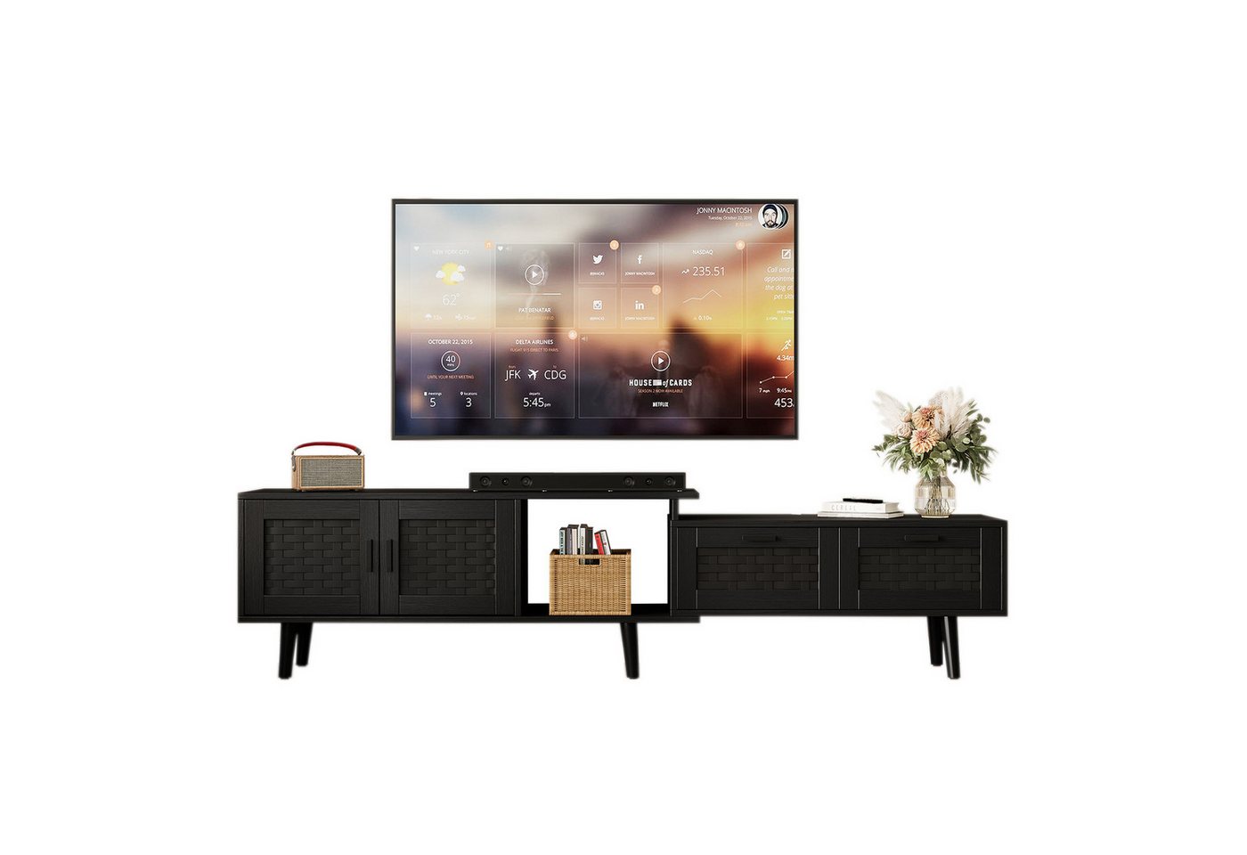 FUROKOY TV-Schrank (Packung, 1-St., Rattan-TV-Ständer mit 2 Türen und 2 Schublade, für 75-Zoll-Fernseher) Skalierbar Fernsehschrank für Schlafzimmer, Wohnzimmer, Schwarz