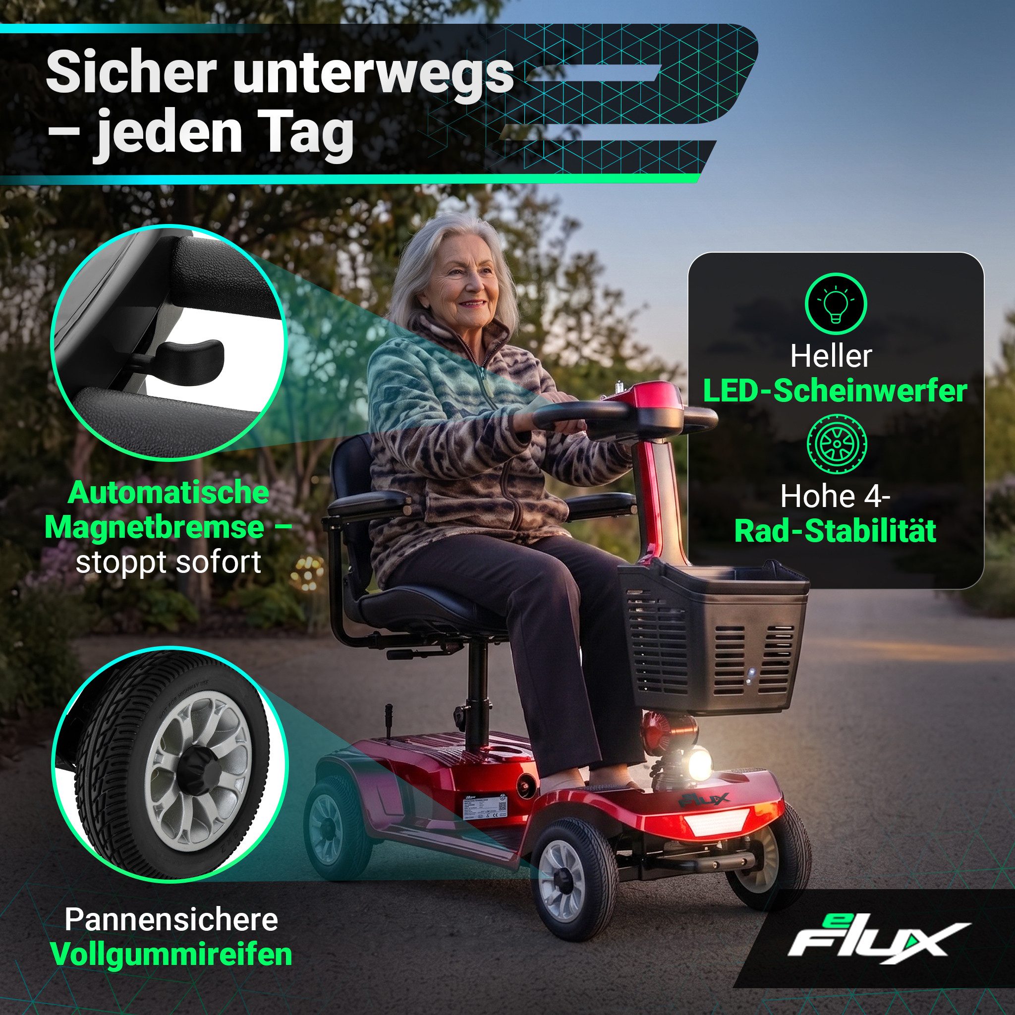 eFlux Elektromobil eFlux Mobility M1 Elektromobil Rollator, 250 W, (Senioren Elektromobil, E-Scooter Senioren, Mobilitätshilfe Senioren, Krankenfahrstuhl elektrisch, Seniorenscooter, Mobility Scooter, Elektromobil, Seniorenmobil, Elektro ScooterSenioren), Führerscheinfrei, Kein Versicherungskennzeichen, Zuladung bis 190 kg