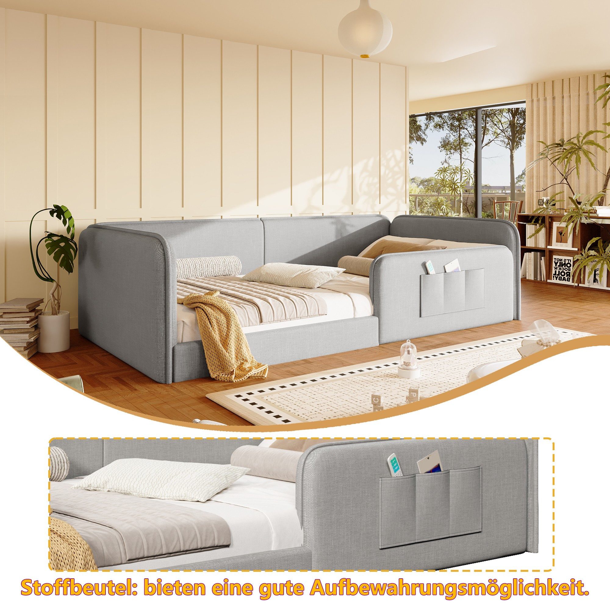 BlingBin Polsterbett 90 x 200 cm Einzelbett (1er Set, 1-tlg., 90 x 200 cm), Jugendbett mit niedriger Bauform und seitlichen Aufbewahrungstaschen