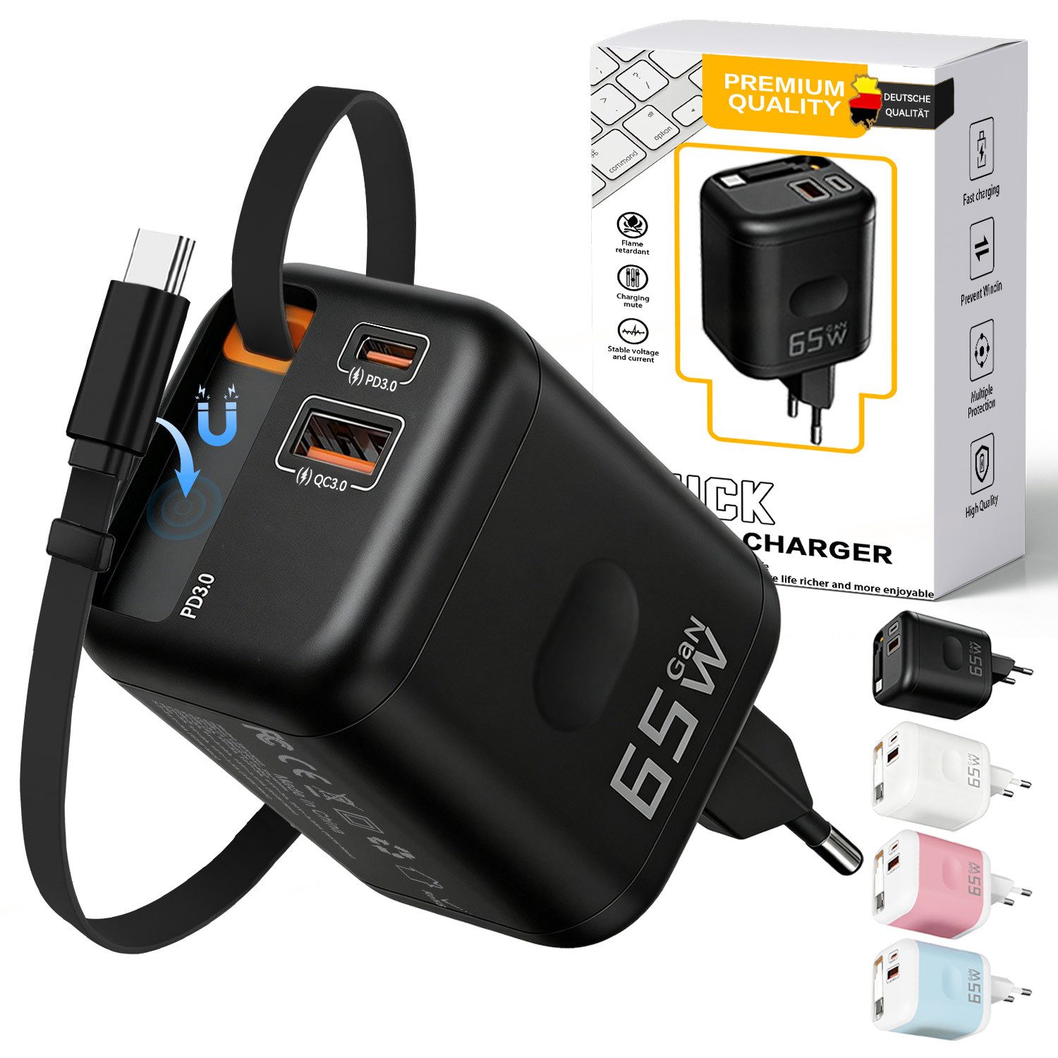 SWGOTA 2026 Neues 65W GaN 3-Port USB C Ladegerät mit Einziehbarem Kabel USB-Ladegerät (65W Schnellladegerät, 3-in-1 USB Netzteil, PD 3.0 Power Adapter, Unterstützt Super Fast Charging bei Einzelportnutzung)