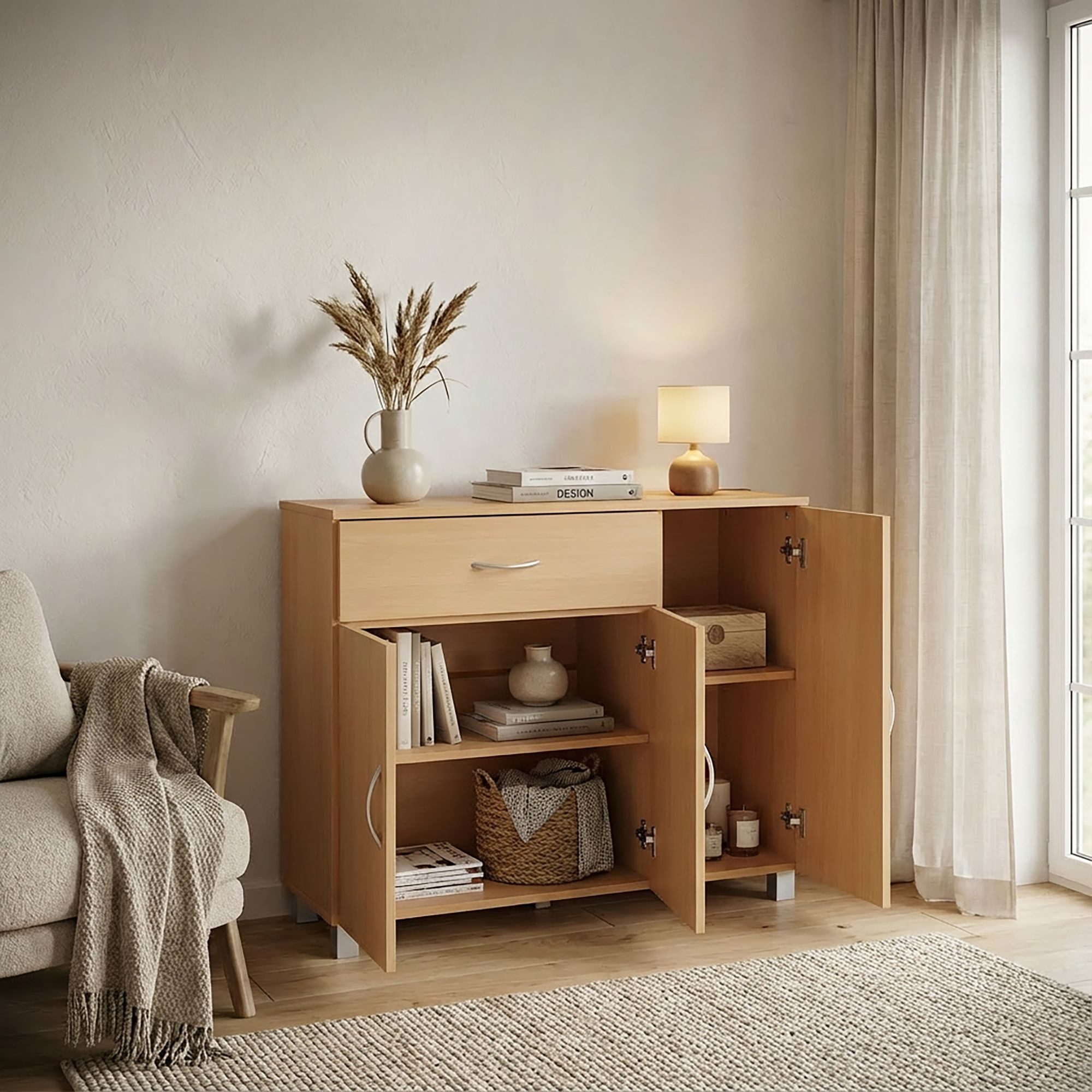 Wohnling Sideboard WL1.333 SETE Buche Schublade & Türen Kommode Anrichte Griffe (SETE Buche mit 1 Schublade & 3 Türen 90x75x30 cm), Design Kommode Anrichte Flur – Bild 5 von 5