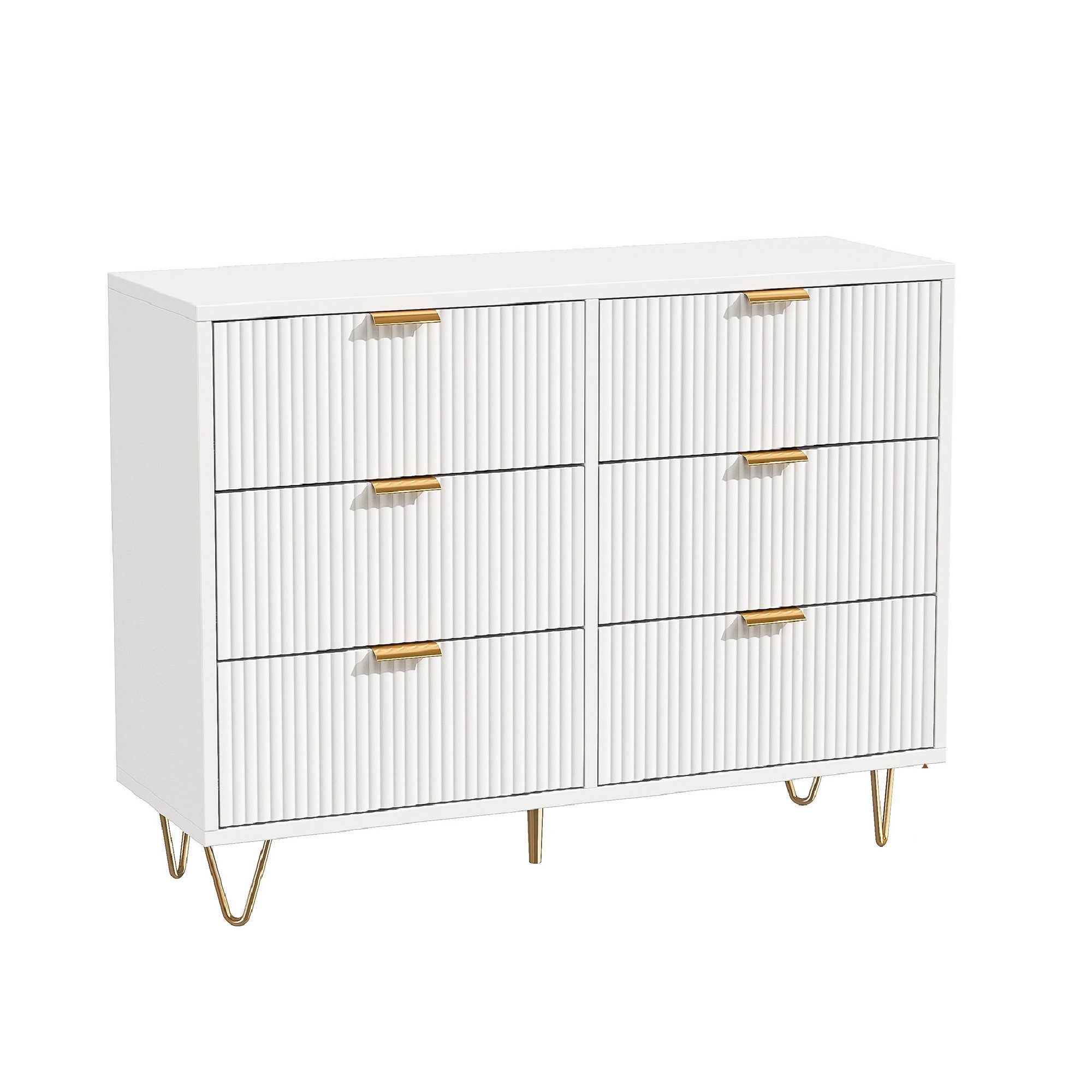 FUROKOY Kommode (Weiß Sideboard Schrank Highboard mit 6 Schubladen und Metallbeinen), Schmal kommode für Schlafzimmer, Wohnzimmer, Flur, 100 x 34 x 73 cm