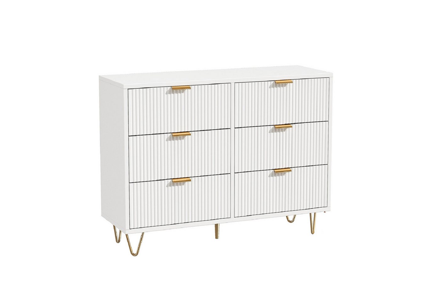 FUROKOY Kommode (Weiß Sideboard Schrank Highboard mit 6 Schubladen und Metallbeinen), Schmal kommode für Schlafzimmer, Wohnzimmer, Flur, 100 x 34 x 73 cm