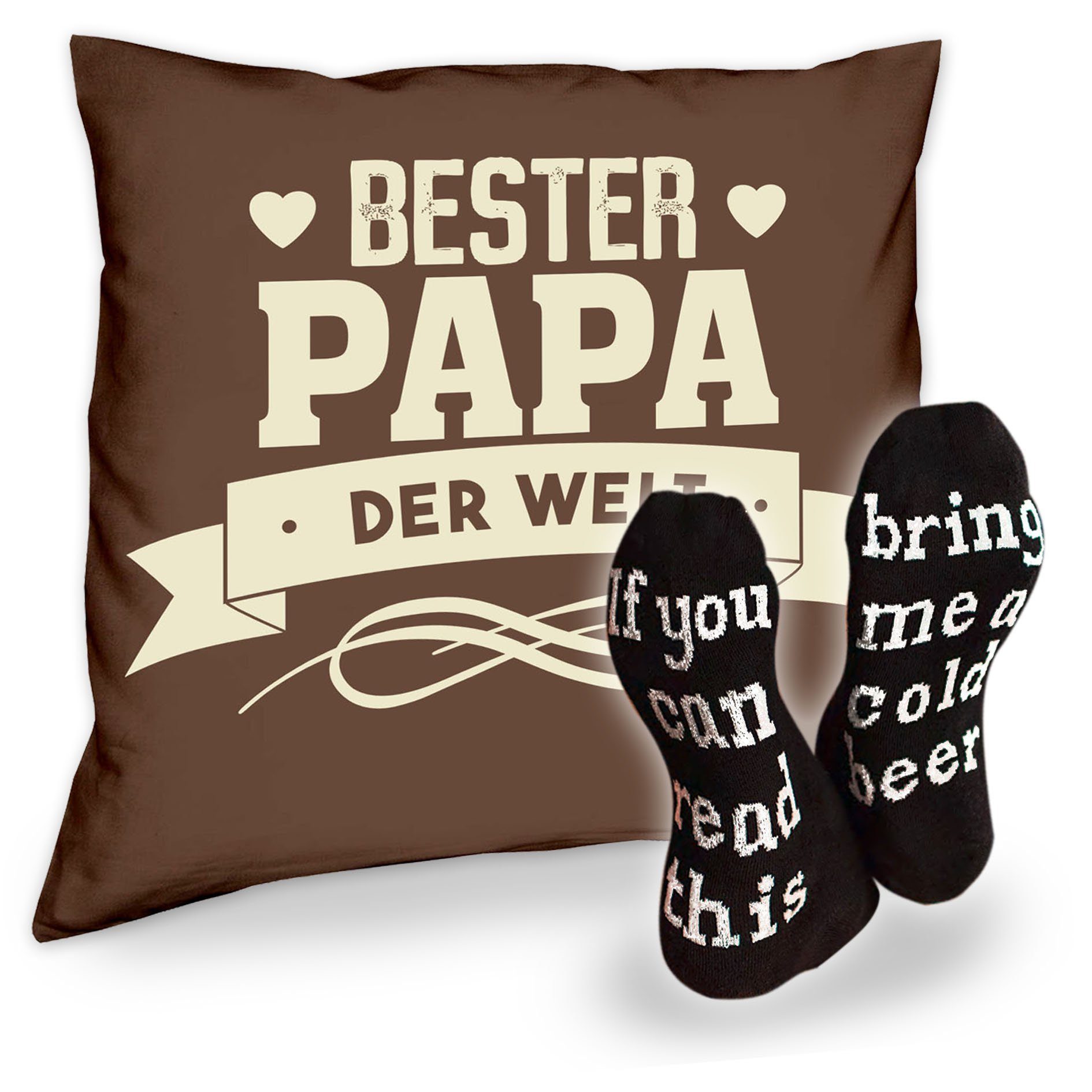 Soreso® Dekokissen Kissen Bester Papa der Welt und Socken mit Bier Spruch, Geschenke Weihnachten Geburtstag Vatertag braun