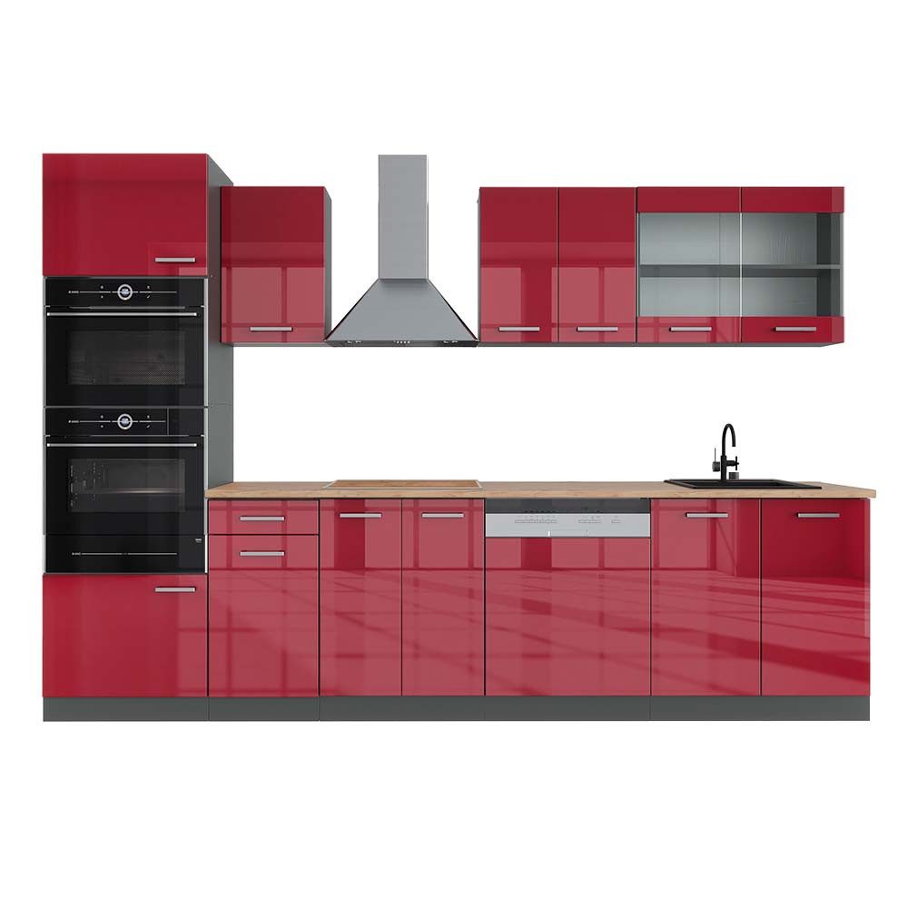 Vicco Küchenzeile R-Line, Rot Hochglanz/Anthrazit/Anthrazit, 300 cm mit Hochschrank, ...