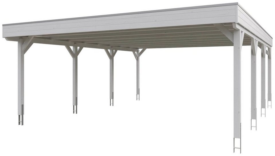 Skanholz Doppelcarport Grunewald, BxT: 622x796 cm, 590 cm Einfahrtshöhe,  mit Aluminiumdach, Flachdach mit Aluminium-Dachplatten, farblich behandelt  in weiß