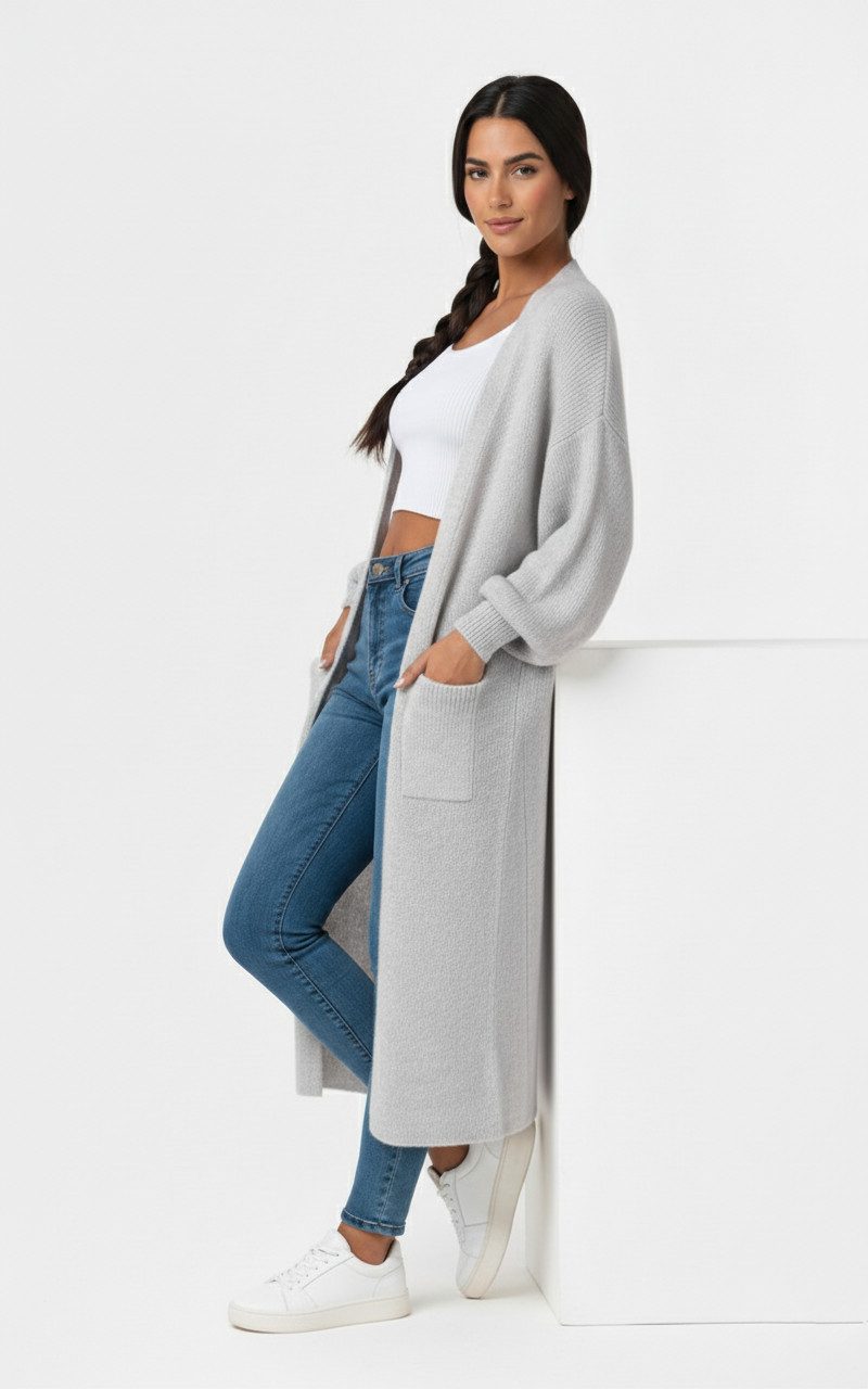 Kendindza Collection Cardigan Cardigan Damen lang Oversize Strickjacke Damen Lang aus Grobstrick Longstrickjacke Made In Italy - One Size 34-42 – Bild 2 von 5